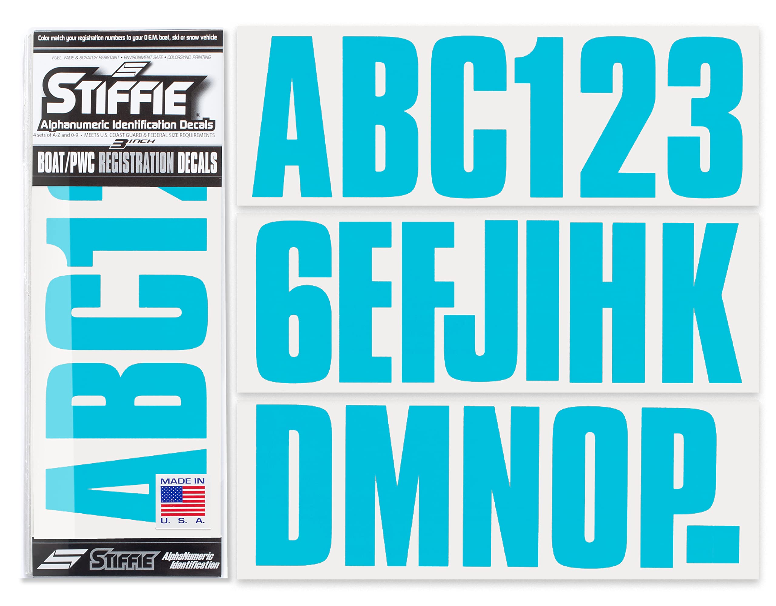 Stiffie Uniline Sky Blue 3 Alpha-Numeric Registration Identification Numbers Stickers Decals For Boats & Personal Watercraft