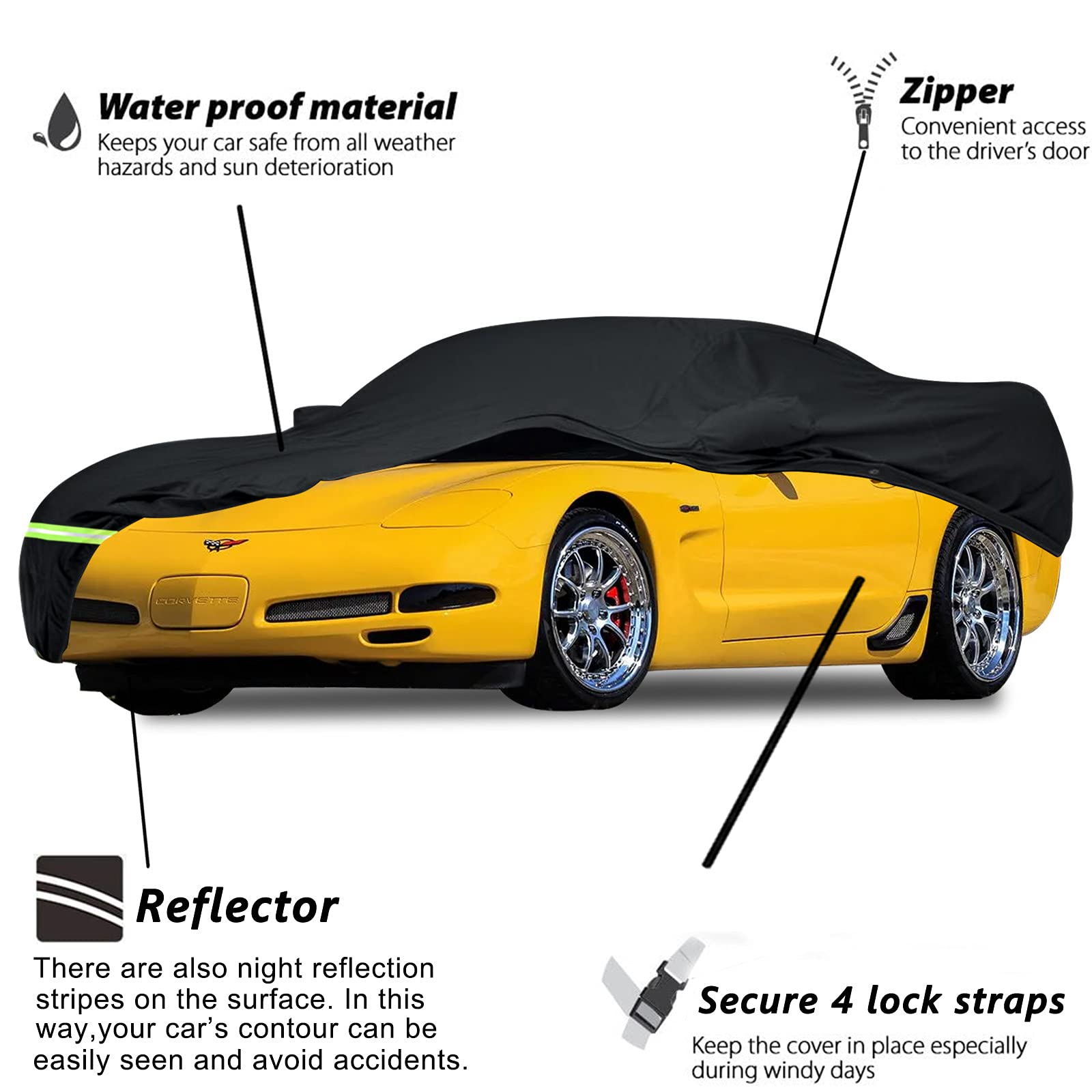Yixin Waterproof Car Covers For 1997-2004 C5 Corvette, Car Cover 190T Covers Customer Fit 100% Waterproof Windproof Strap & Double Door Zipper Up To 180” L (C5:(1996-2004))