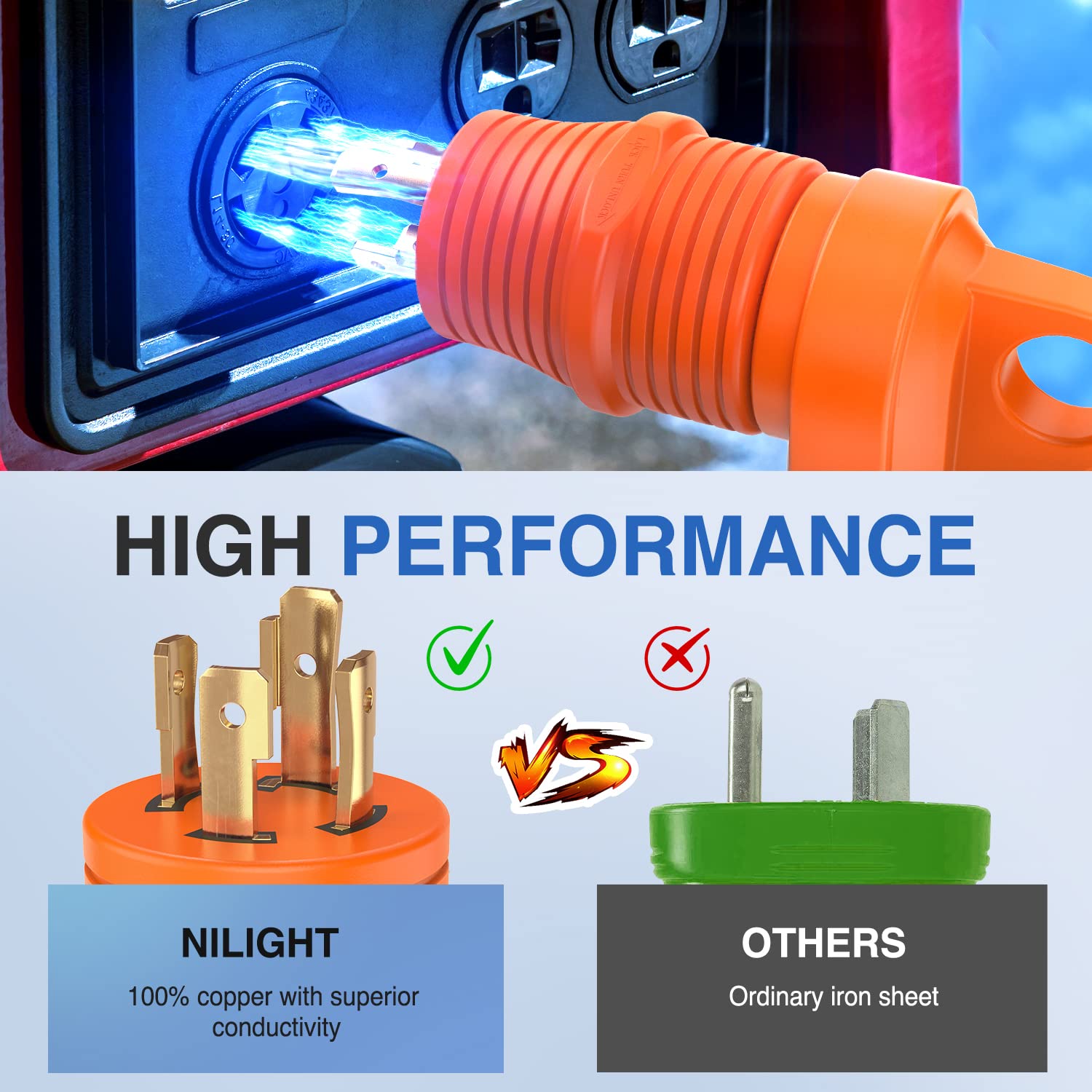 Nilight 30A RV Power Adapter - 4 Prong Locking Plug, L14-30P to TT-30R, Heavy Duty PVC, 30Amp Male to Female, Model