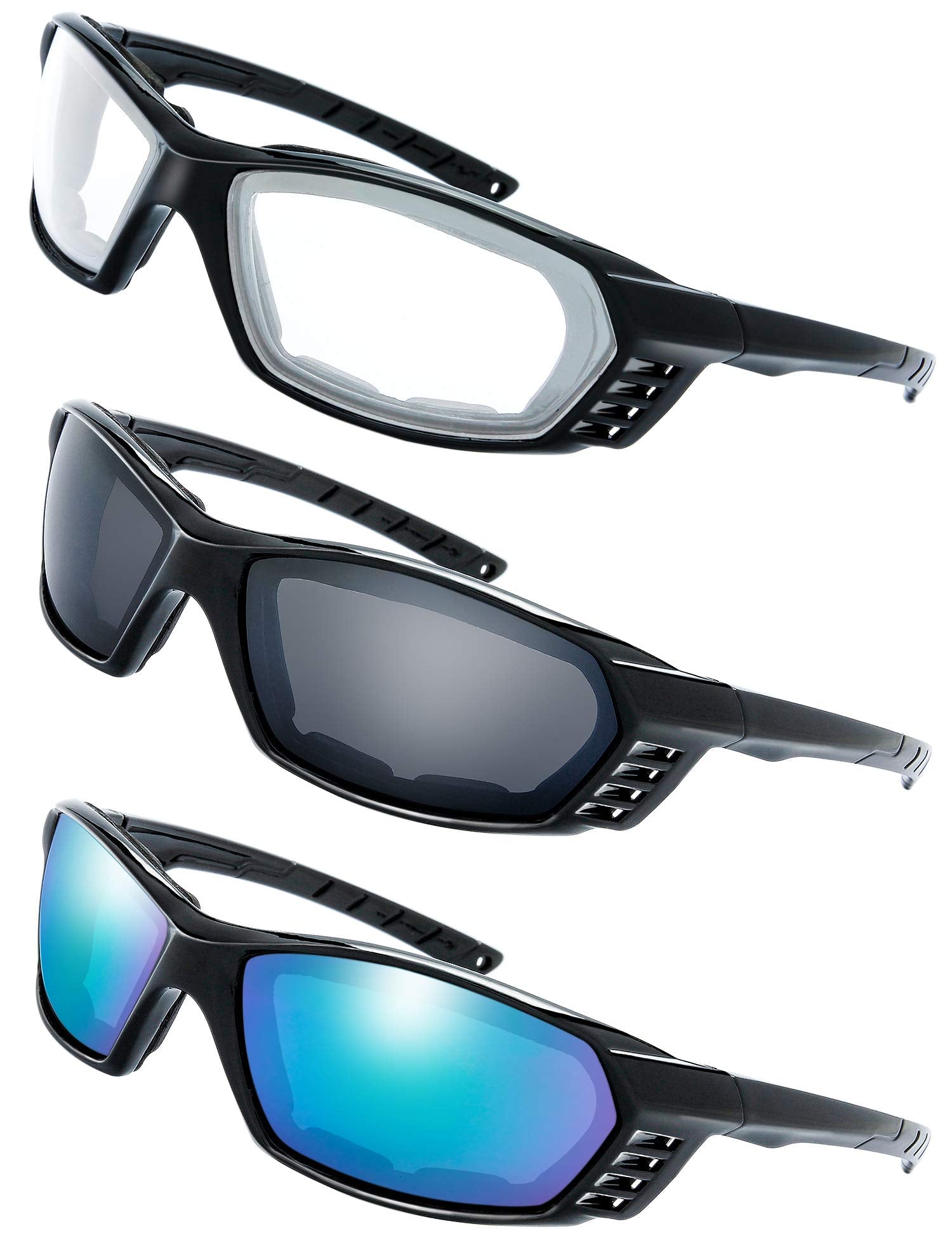 The Fresh Motorcycle Riding Glasses Padded Frame Lens Block 100% UVB for Outdoor Activity Sport (25-Shiny Black, Clear, Grey, & 