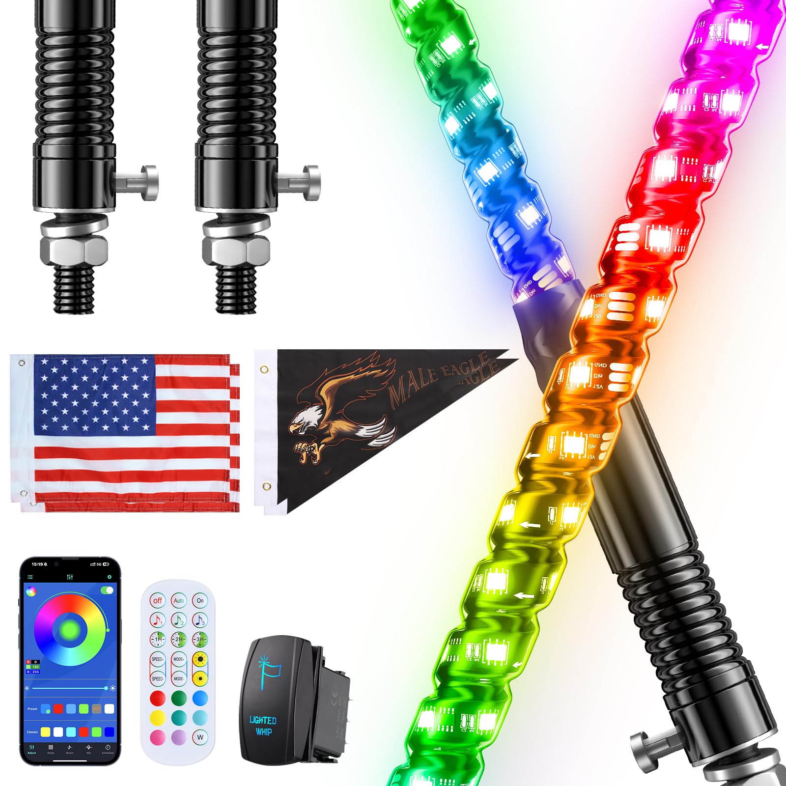 Ehaho 2 PCS 5FT Whip Lights with Spring Base, APP & Remote Control Led Whip Lights for Side by Side, Spiral RGB Chasing Lighted 