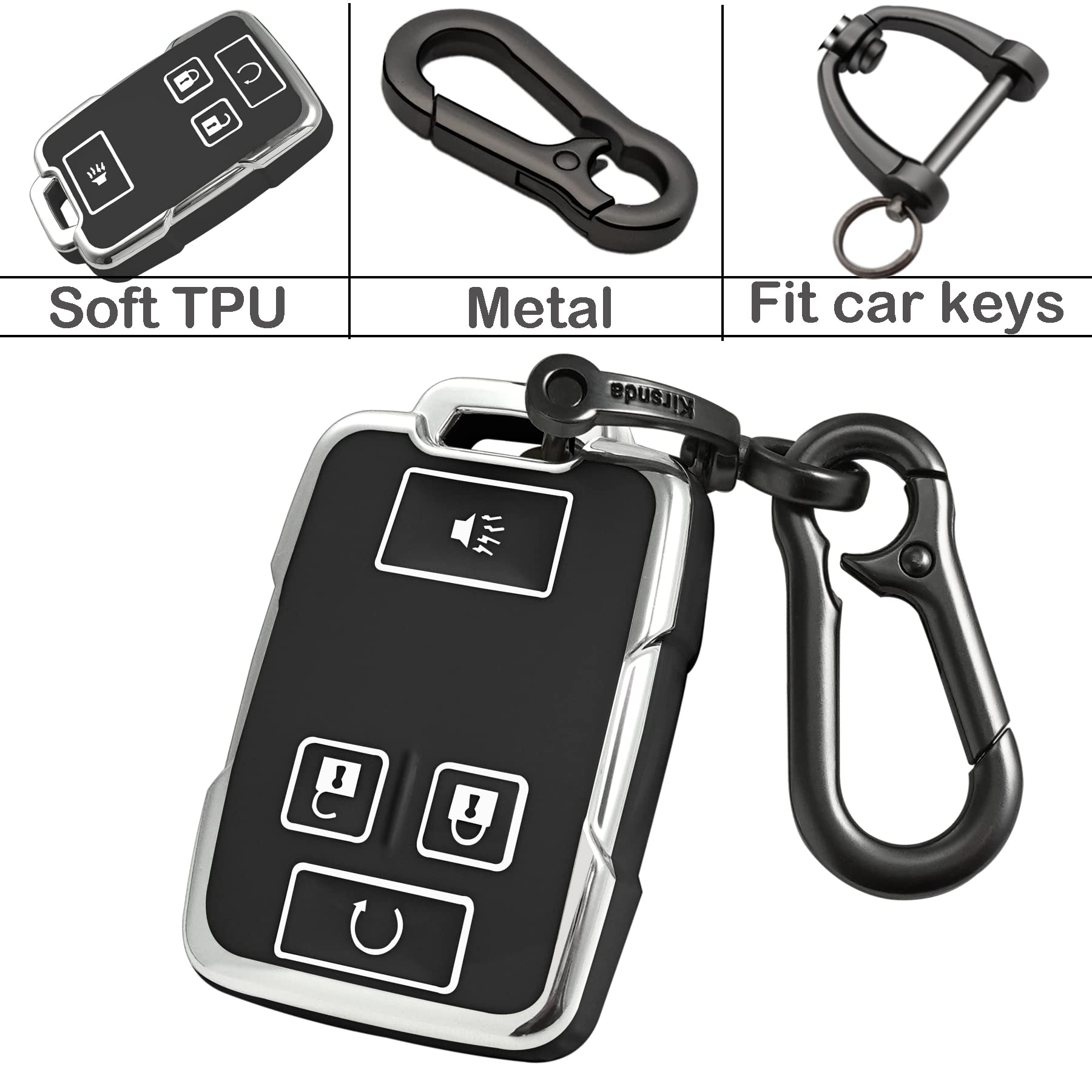 Kirsnda For Gmc Key Fob Cover Case With Metal Buckle,Soft Tpu Key Shell/Skin,4-Buttons Fit Chevy Colorado Silverado Suburban Tah