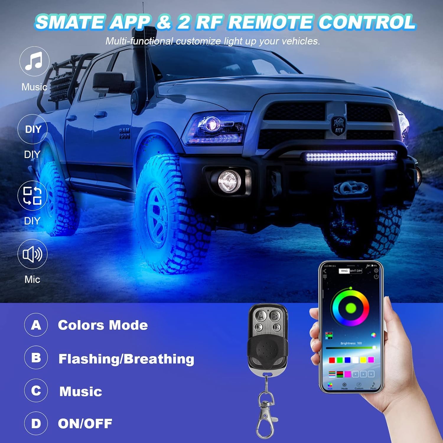 TDE Explorer Rock Lights - 20 Pods RGB LED, 12V Waterproof, Music Mode, Dual Zone Control, Brake Light, ABS, 20pod + Brake