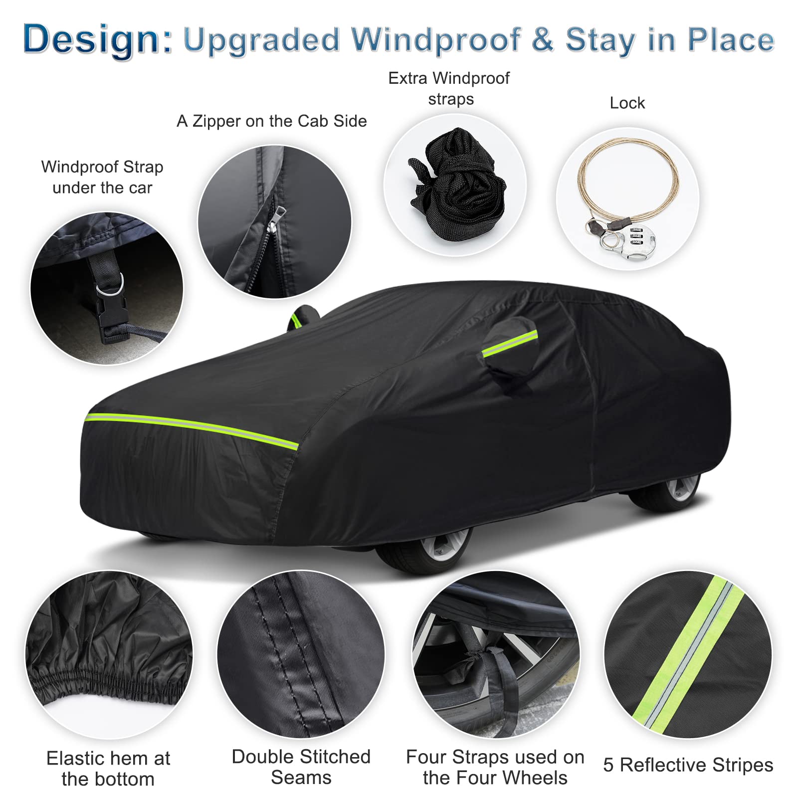 BIGACOVER Waterproof Car Cover for Mercedes Benz S-Class 2006-2023, Heavy Duty, Black, Polyester, Windproof with Driver Side Zipper