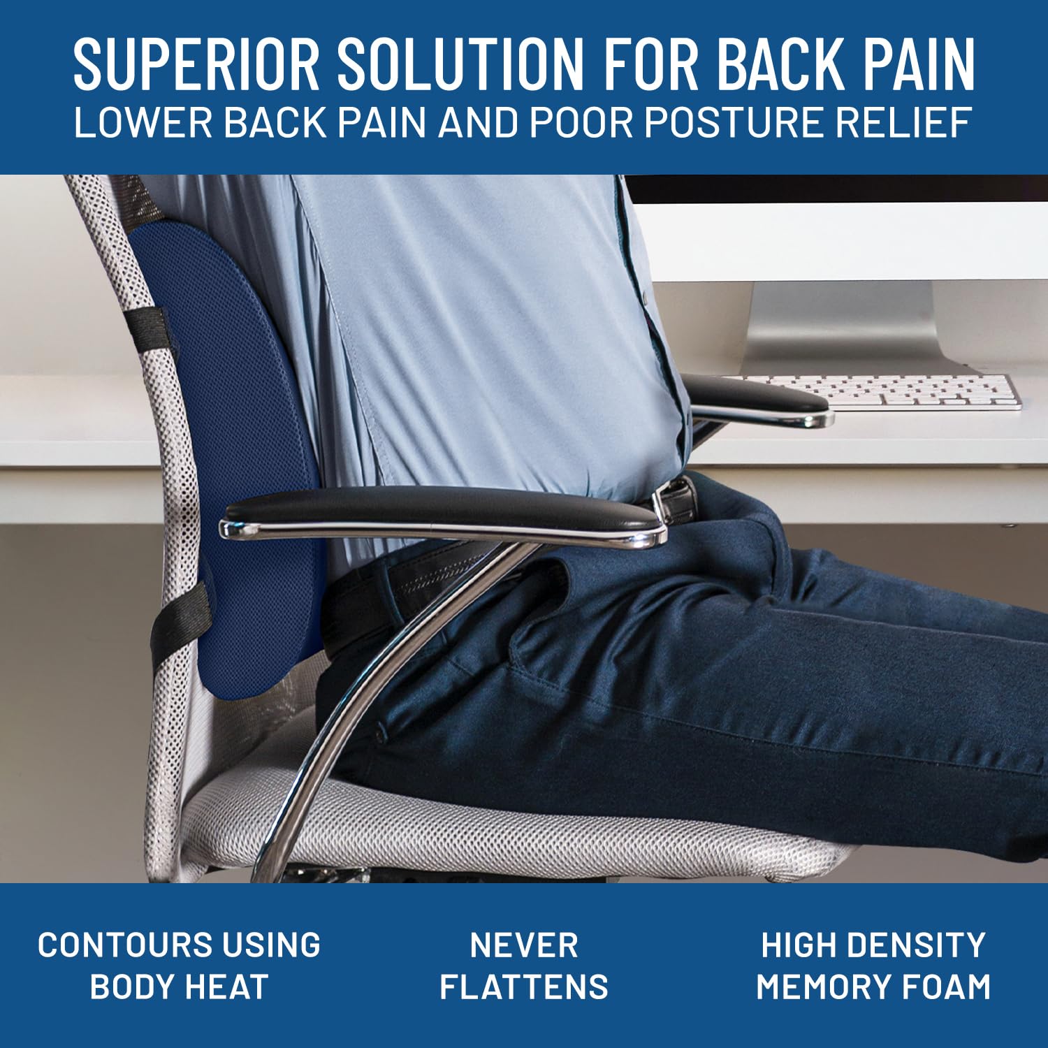 Everlasting Comfort Lumbar Support Pillow - Memory Foam, Navy Blue, 1 Count - Improve Posture for Office Chair, Gaming, Car & Couch