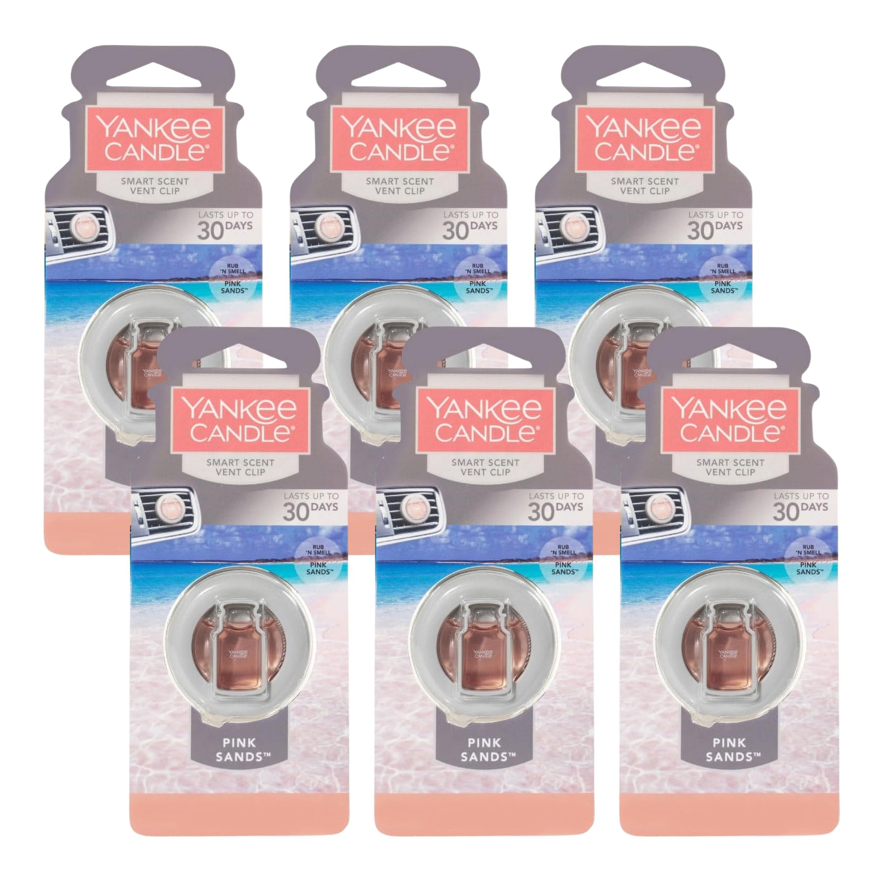 Yankee Candle Smart Scent Vent Clip Car Air Freshener, Odor Neutralizing Car Fragrance, Pink Sands (Pack of 6)
