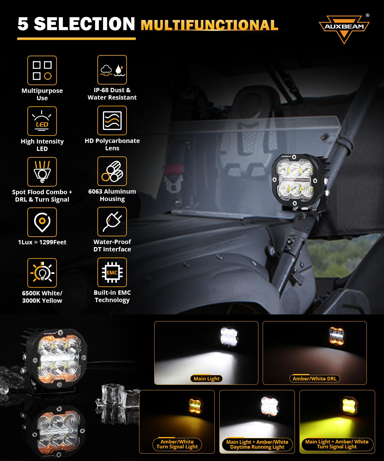 Auxbeam XP-Ultra 3" 84W LED Pods, Amber/White Multi Modes, 9600LM Spot Flood Combo, Model ZD000810-VE, Offroad Cube Lights Pair