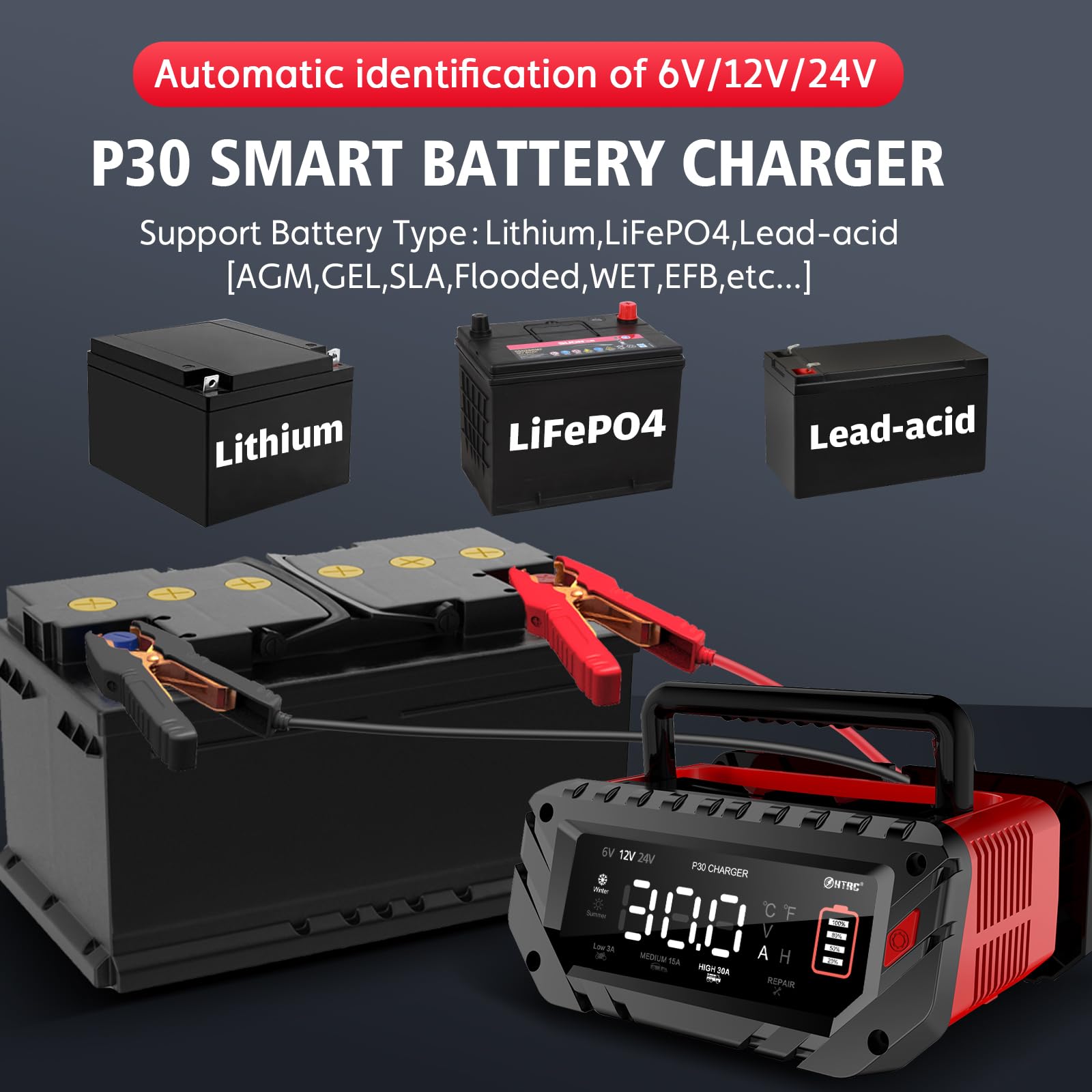 30 Amp Battery Charger, 6V/12V/24V Smart trickle Charger,car Battery Charger,Lithium, Lifepo4, Lead Acid (AGM/Gel/SLA...) Batter