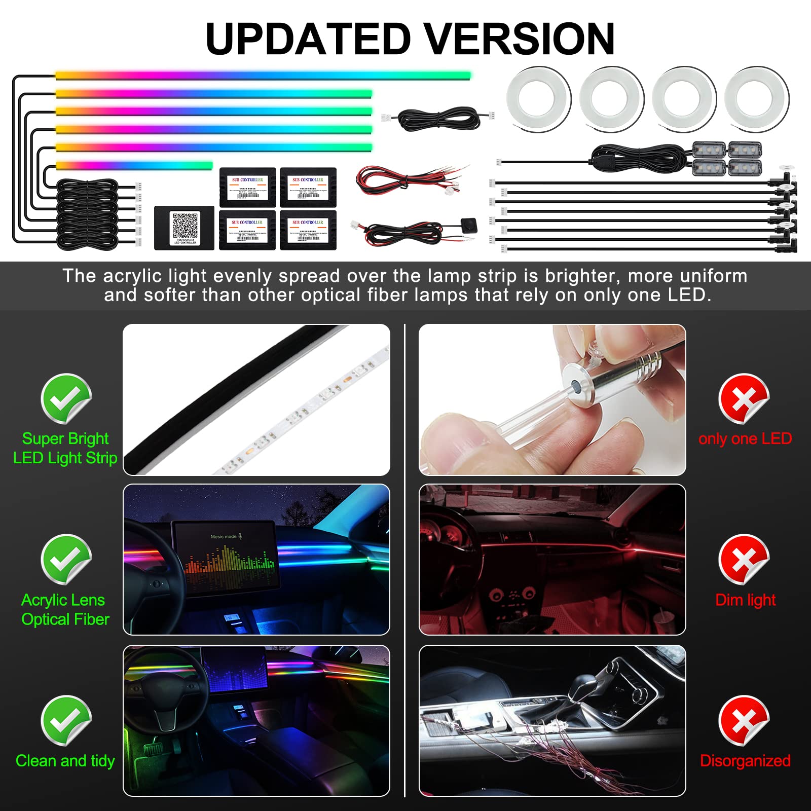 Dreamcolor Acrylic Interior Car Led Strip Light With Wireless App, Rgb 22 In 1 With 175 Inches 593 Leds Fiber Optic Ambient Ligh