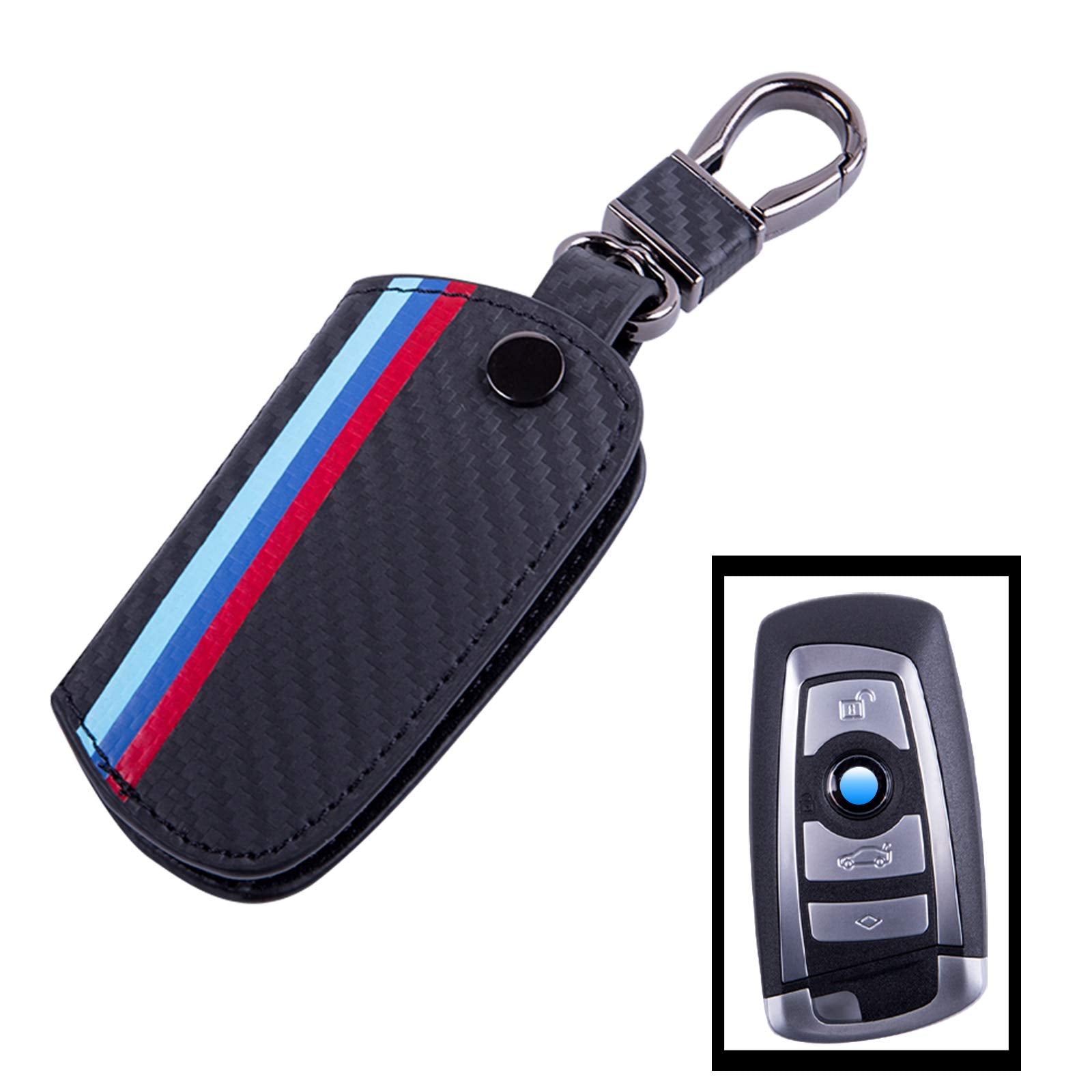 Jkcover Key Fob Holder Protector Compatible With Bmw Remote Fob, M-Colored Stripe Black Carbon Fiber Pattern Leather Key Cover W