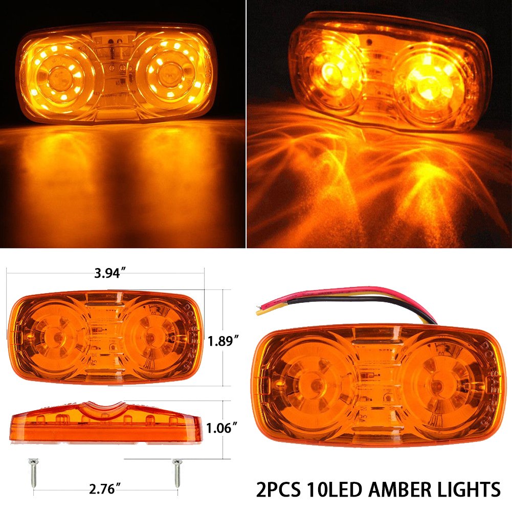 New Sun 4 Pcs Amber & Red 10 Led Trailer Side Marker Light, Bullseye/Tiger Eye/Double Bubble Clearance Light, 12V 4X2 Rectangula