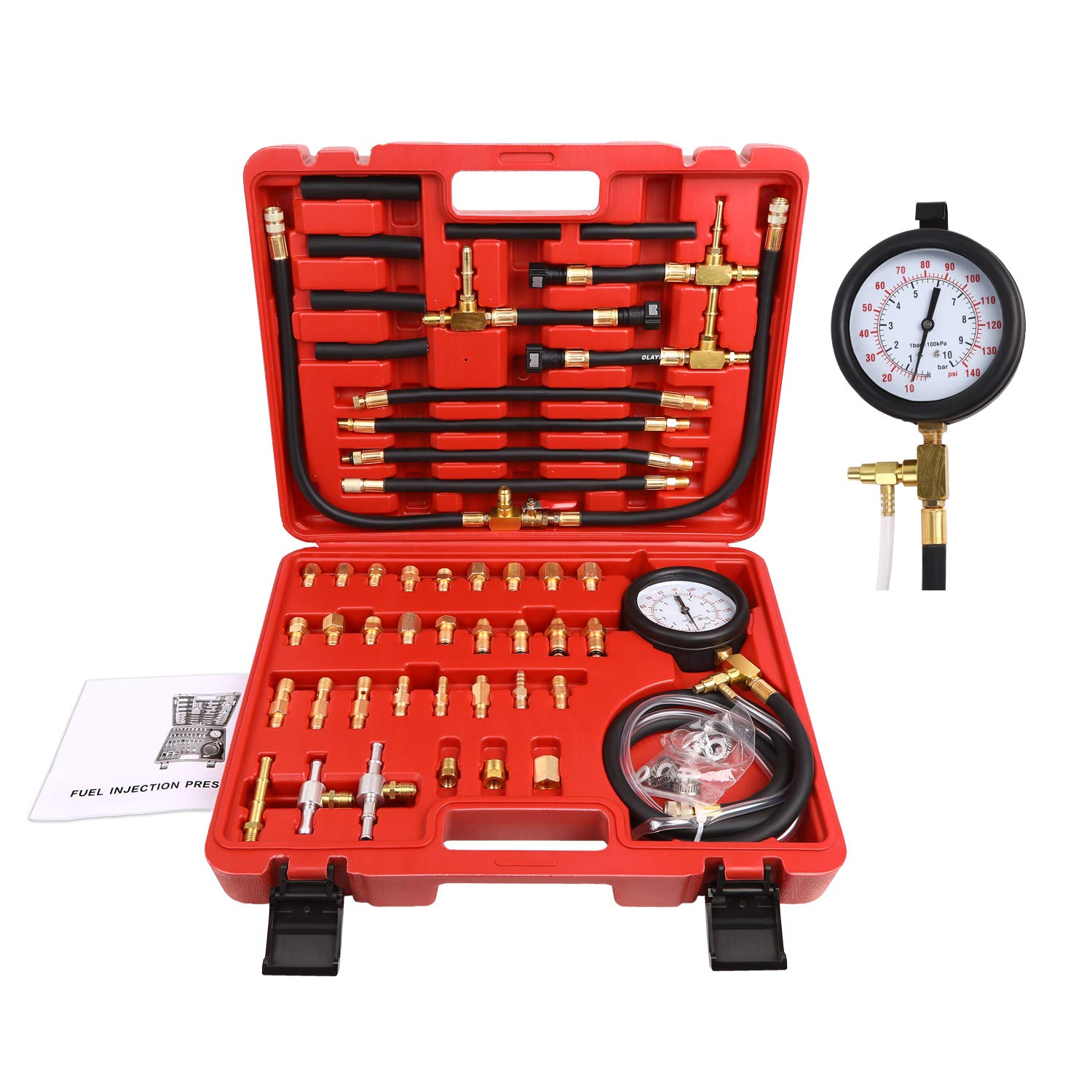 BETOOLL Pro Fuel Injection Pressure Tester Kit Gauge 0140 PSI with 9.49,7.89,6.30 Fuel Line Fittings
