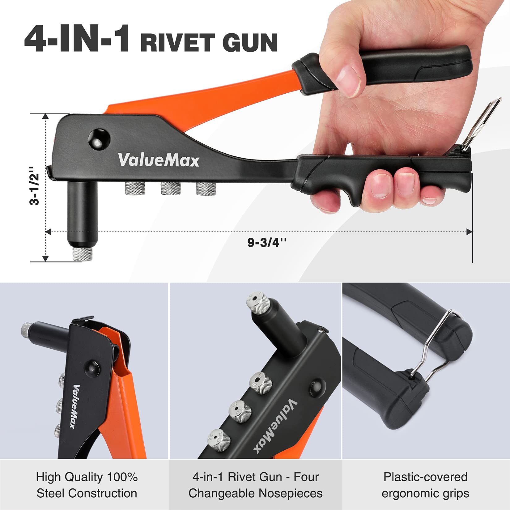 Valuemax 4-In-1 Hand Riveter/Rivet Gun, Pop Rivet Tool Kit With 200 Rivets - 3/32-Inch, 1/8-Inch, 5/32-Inch, 3/16-Inch, 4 Interc