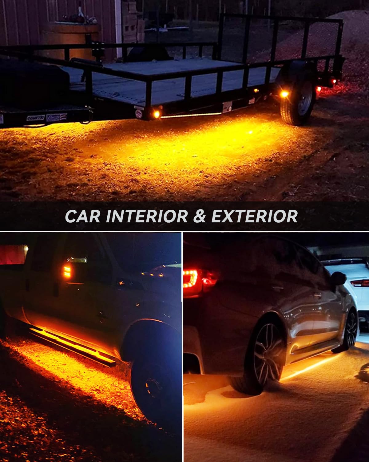Car Led Strip Lights 24' Connectable Amber Led Light Strips For Cars Interior Lights Boat Marine Golf Cart Trucks Waterproof Yellow Led Strip 12V, 4Pack