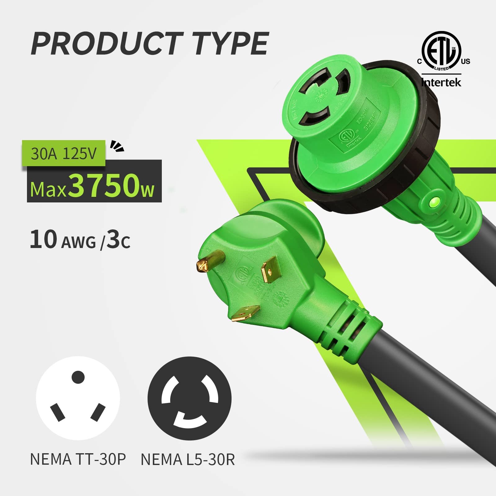 Rvmate 10 Feet 30 Amp Rv Lockable Power Extension Cord With Easy Plug-In Handle, Tt-30P To L5-30R, Led Indicator, 10 Awg, Etl Li
