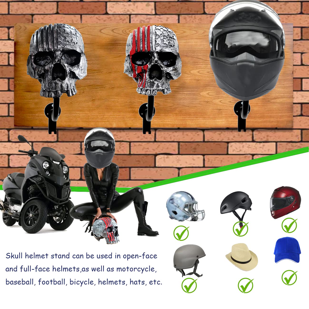 Tooyuart Skull Helmet Holder Wall Mount Rack with 2 Hooks, Black Resin Hanger for Helmets, Coats, Caps, and More