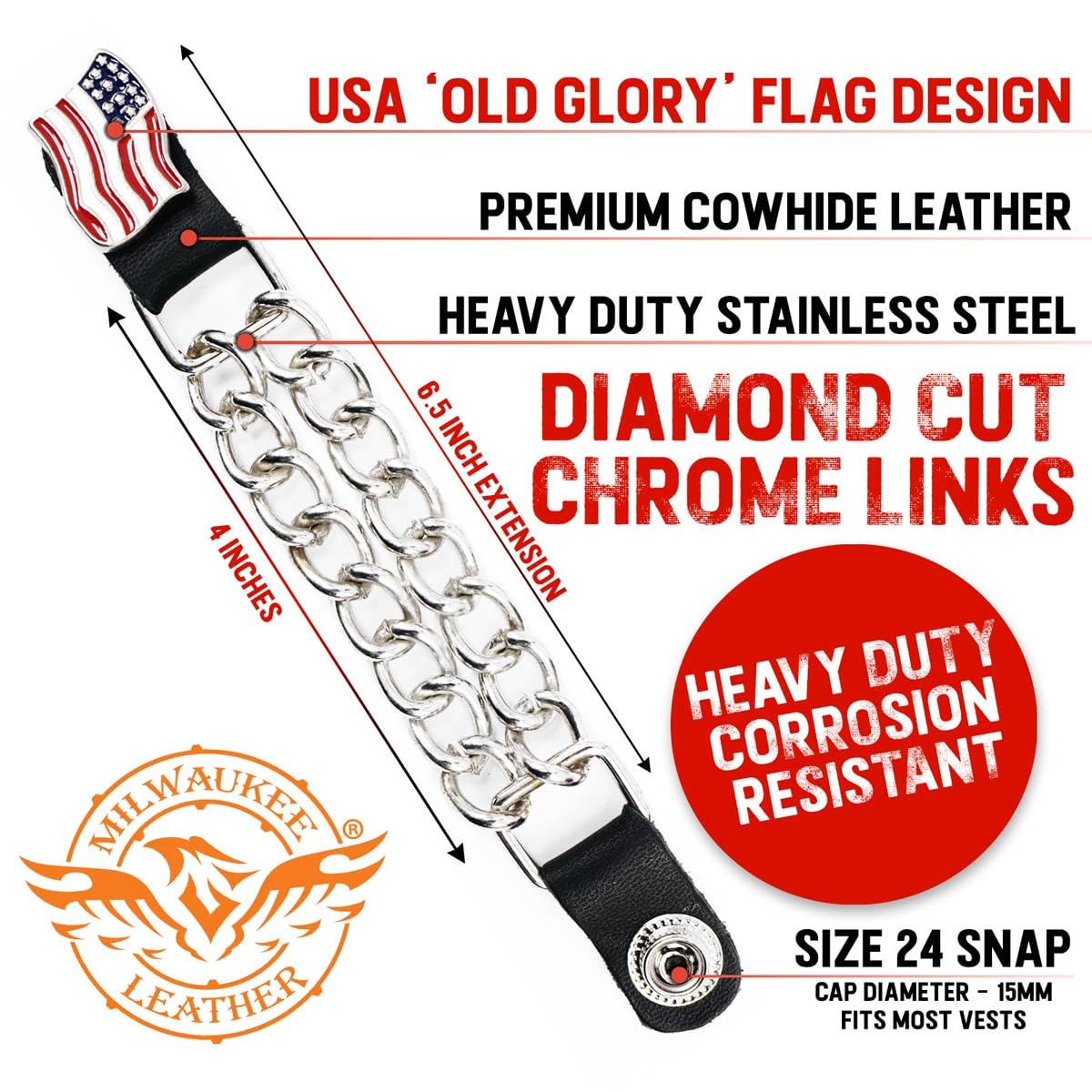 Milwaukee Leather American Flag Vest Extender - Double Chrome Chains Genuine Leather 6.5 Extension 4-PCS MLA6008SET - 4 Inch