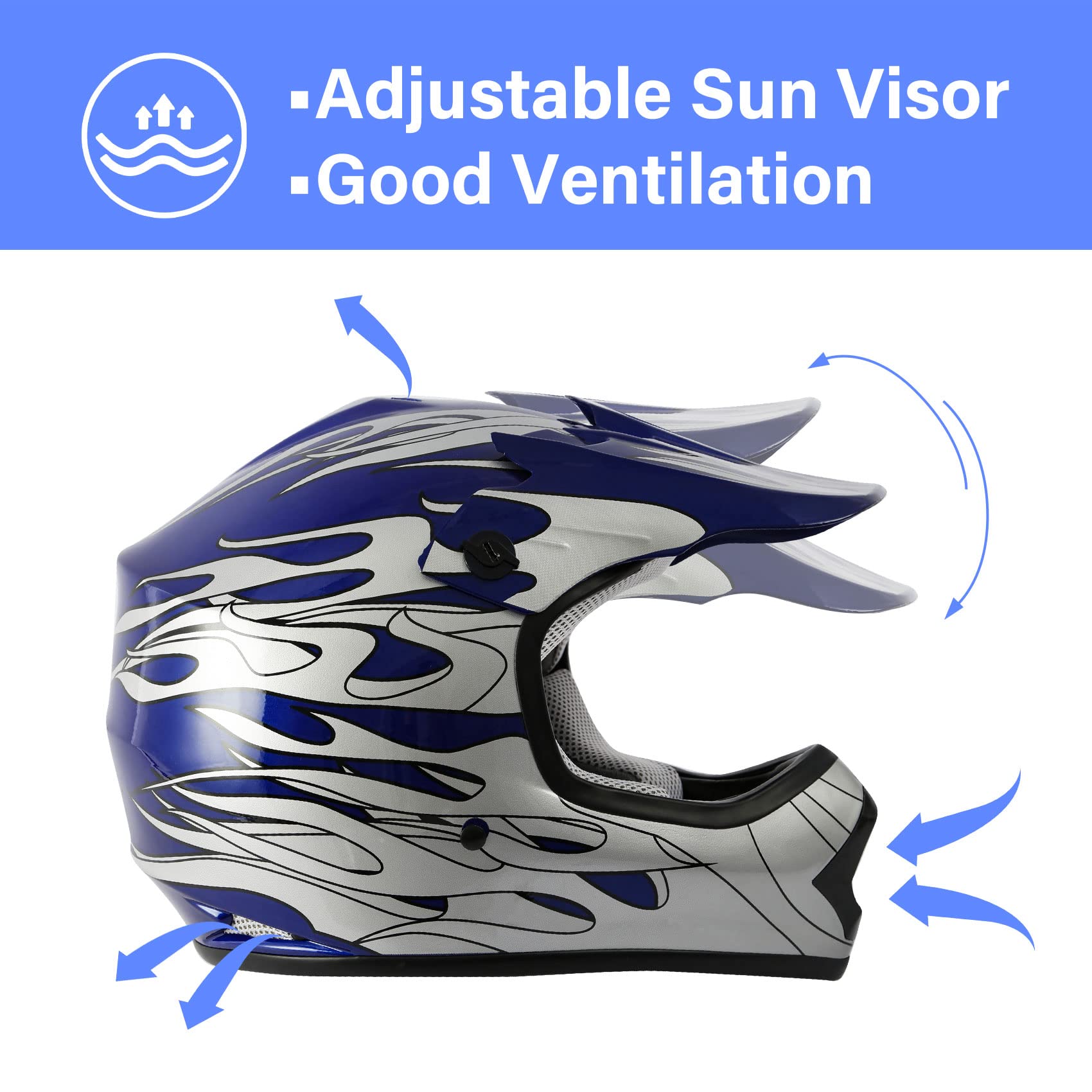 Xfmt Youth Kids Motocross Offroad Street Dirt Bike Helmet Goggles Gloves Atv Mx Helmet Blue Flame L