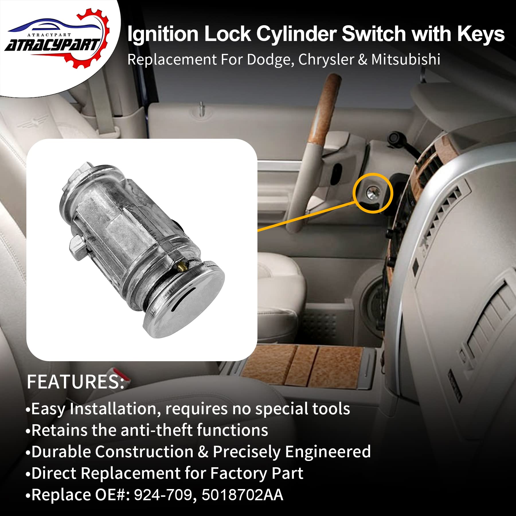 ATRACYPART Ignition Lock Cylinder Switch with Keys | Replacement for 2001-2010 Dodge Ram, Durango, Dakota | Model: 924-709, Material: Zinc Alloy