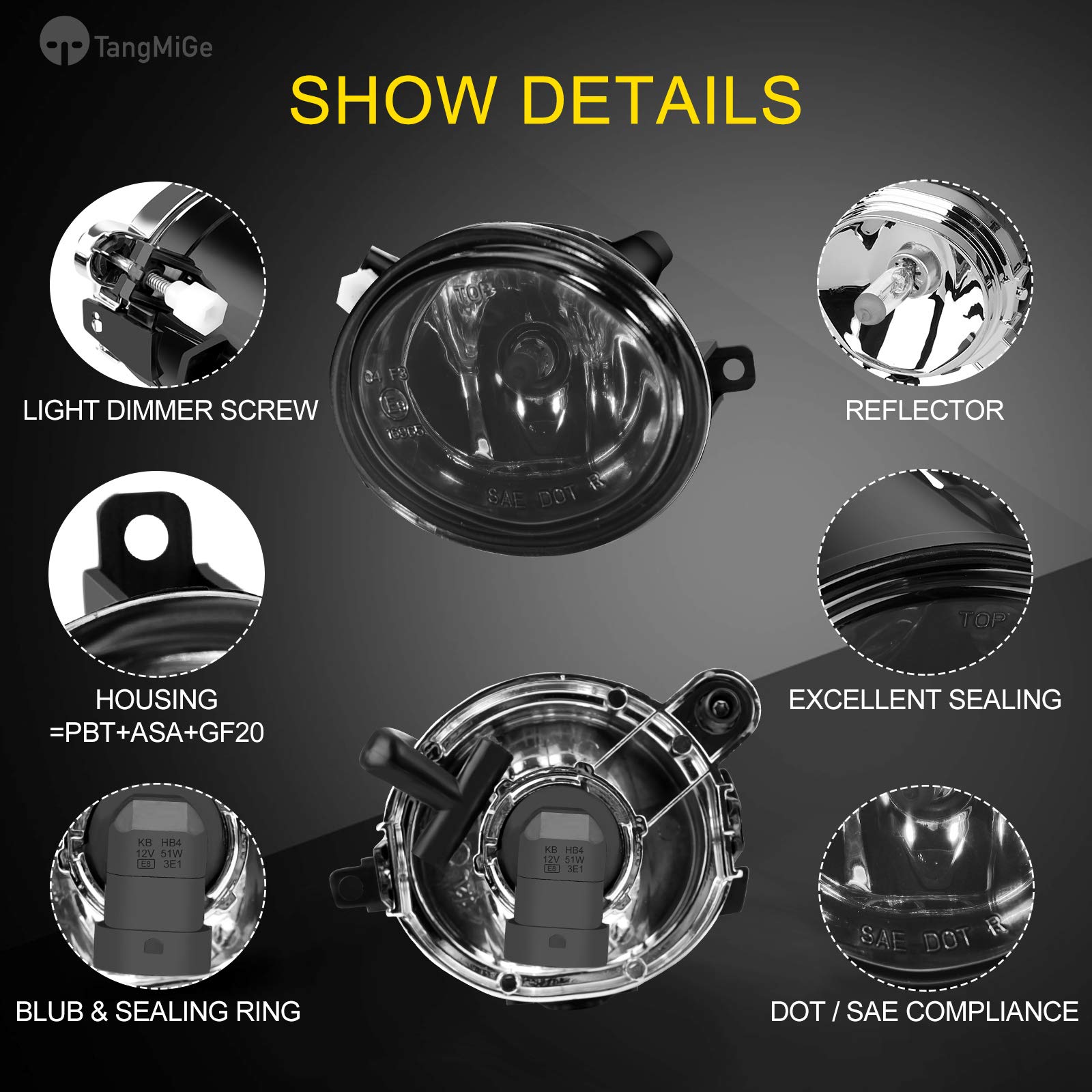 Tangmige Fog Lights Lamps For 2000-2006 Bmw (E46 M3 E39 M5) / 3 Series (320I 323I 325I 325Xi 330I 330Xi Sedan W/Sport Package, 325I 325Xi Wagon W/Sport Package) Premium Assembly, 1 Pair, Smoke Lens