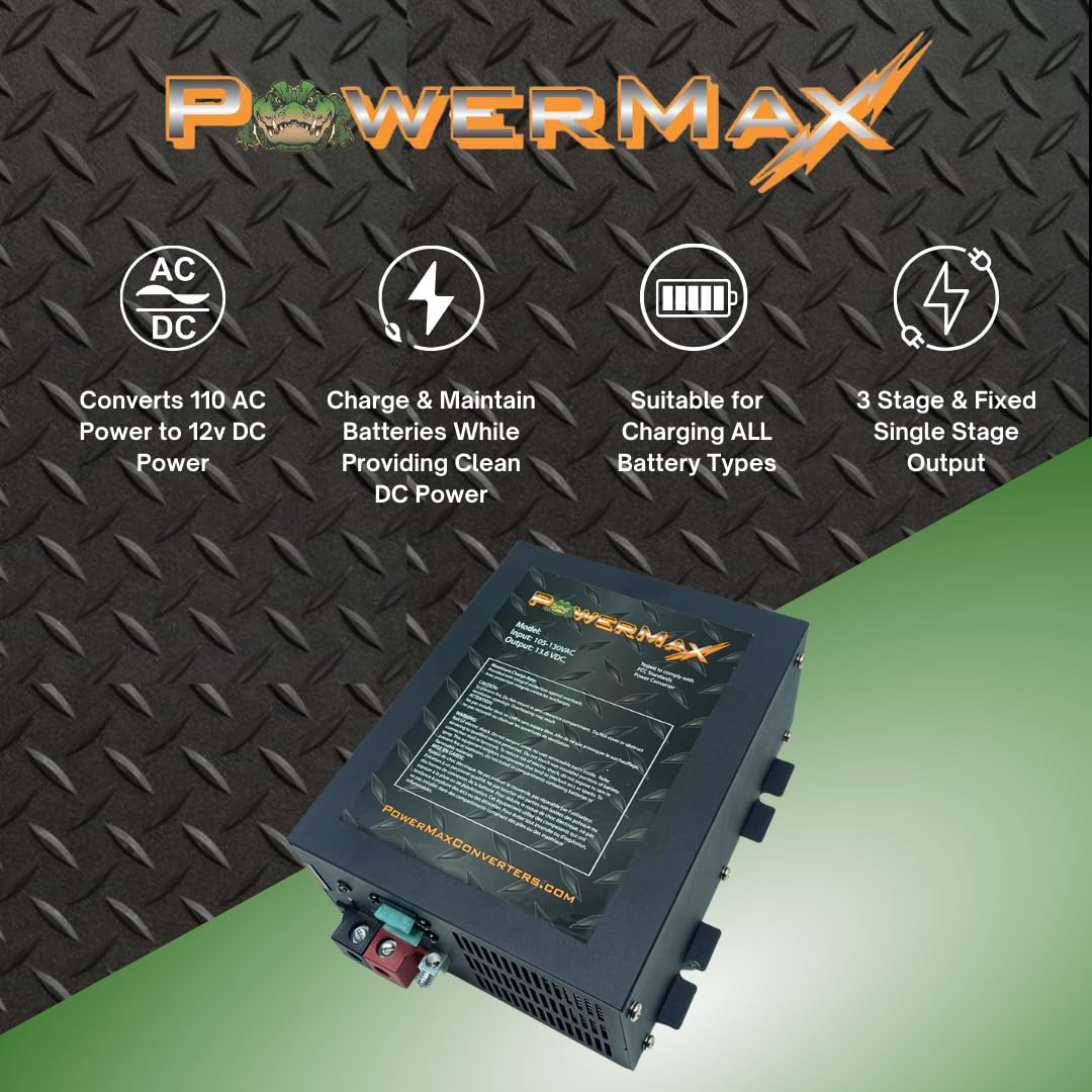 PowerMax PM3-35 AC-DC Power Supply Converter, 0-12V 35A, Smart Charging, Black, Built-in Fan, LED Indicator, Lithium Compatible