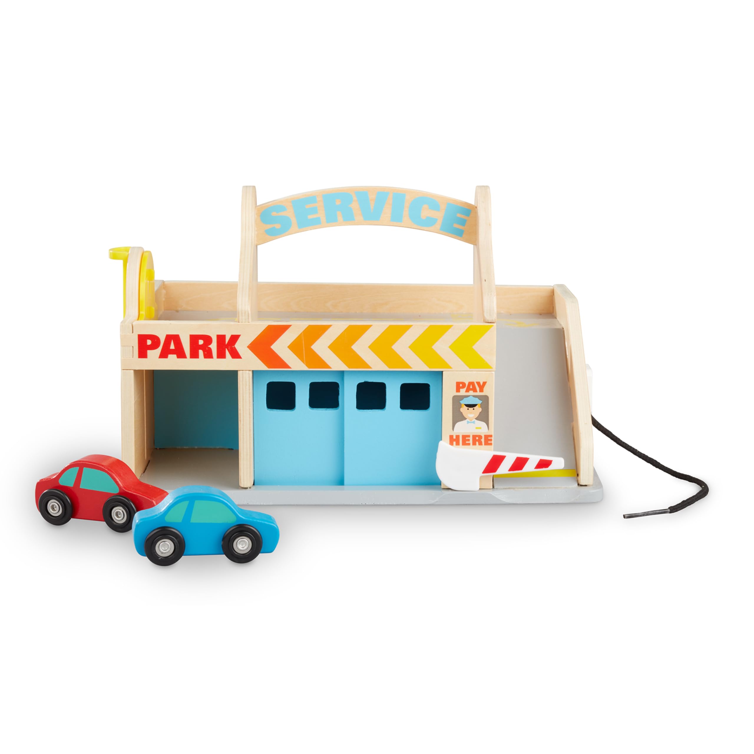 Melissa & Doug Wooden Service Station Parking Garage with 2 Cars, Multicolor, Model 9271