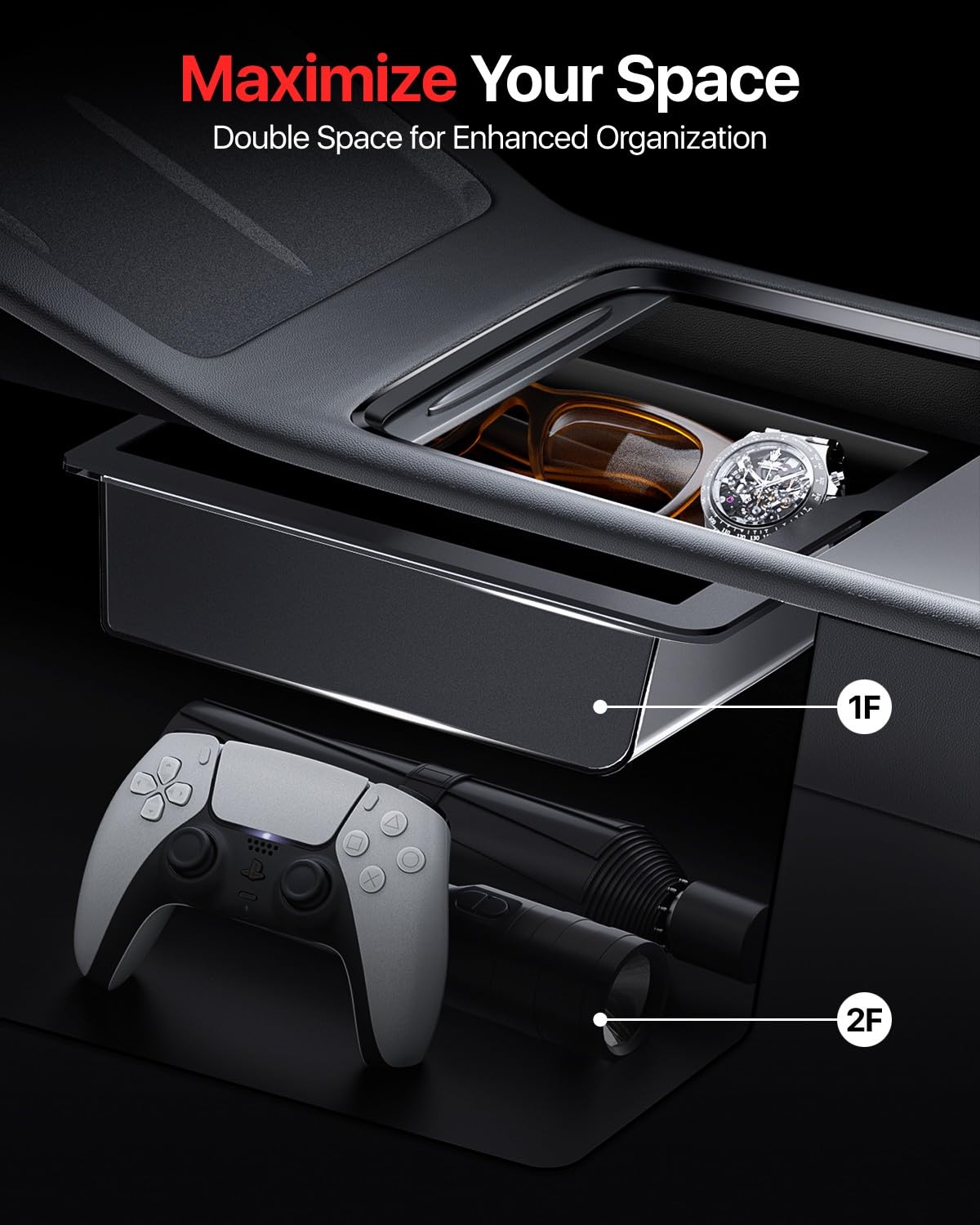 REEVAA Tesla Model Y Center Console Organizer Tray, Premium Silicone, Bumpy Road Friendly, 2020-2025, Stylish Black, 1PCS