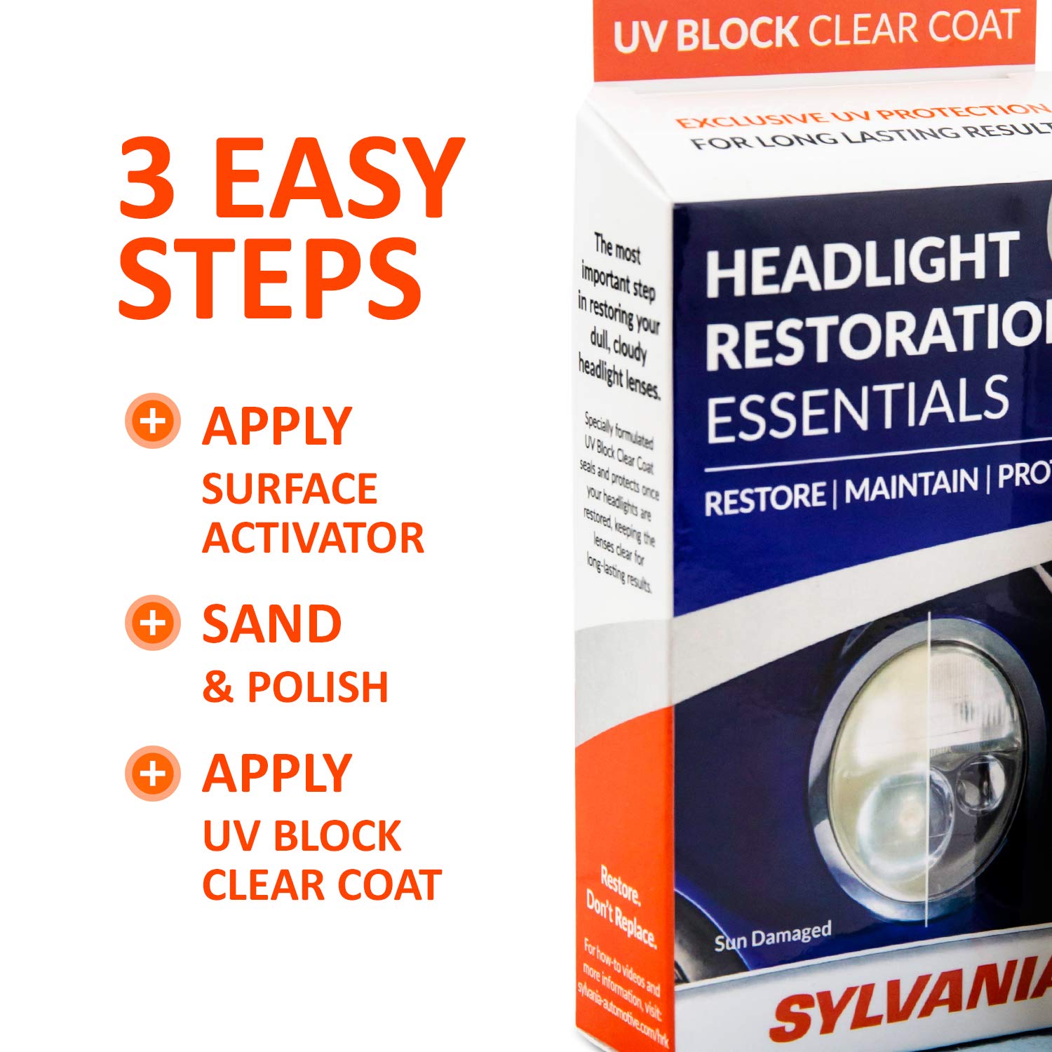SYLVANIA Headlight Restoration Kit - UV Block Clear Coat, Surface Activator, 1 Fl Oz