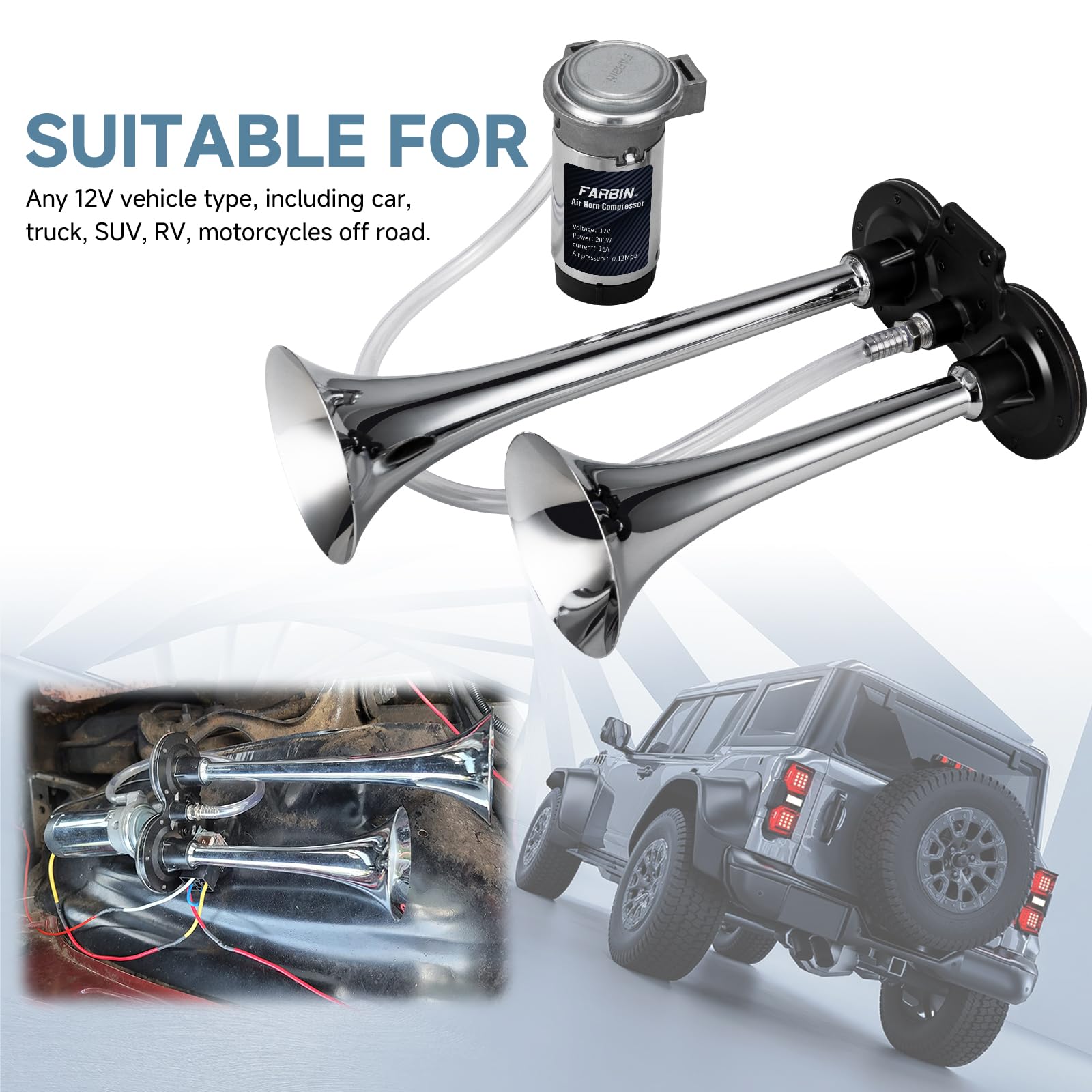 Farbin Car Horn 12V 150Db Super Loud Air Horn, Chrome Zinc Dual Trumpet Air Horns, Truck Horn With Compressor Wire Harness And B