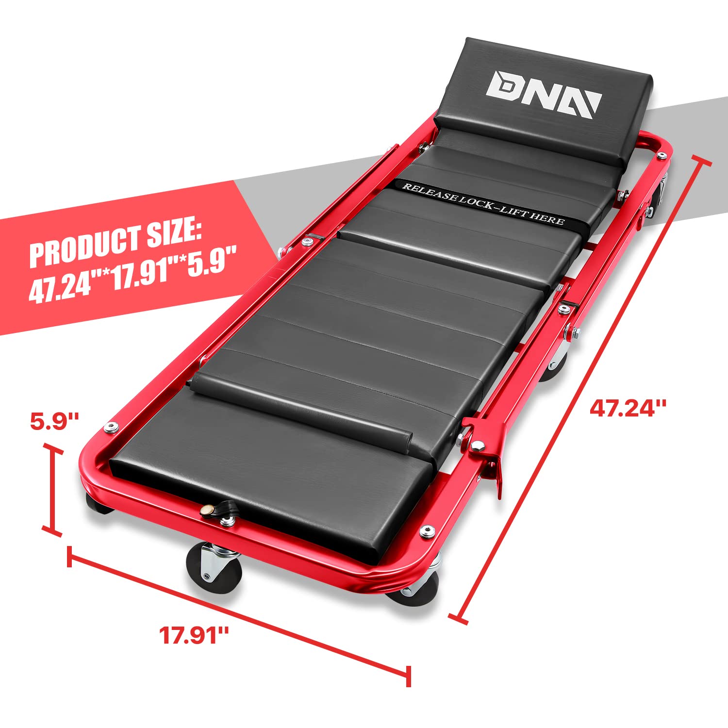 Dna Motoring Tools-00193 48'' 2 In 1 Folding Rolling Garage Shop Creeper Roller Seat, 7 Pcs 2'' Casters, 350 Lbs Weight Capacity