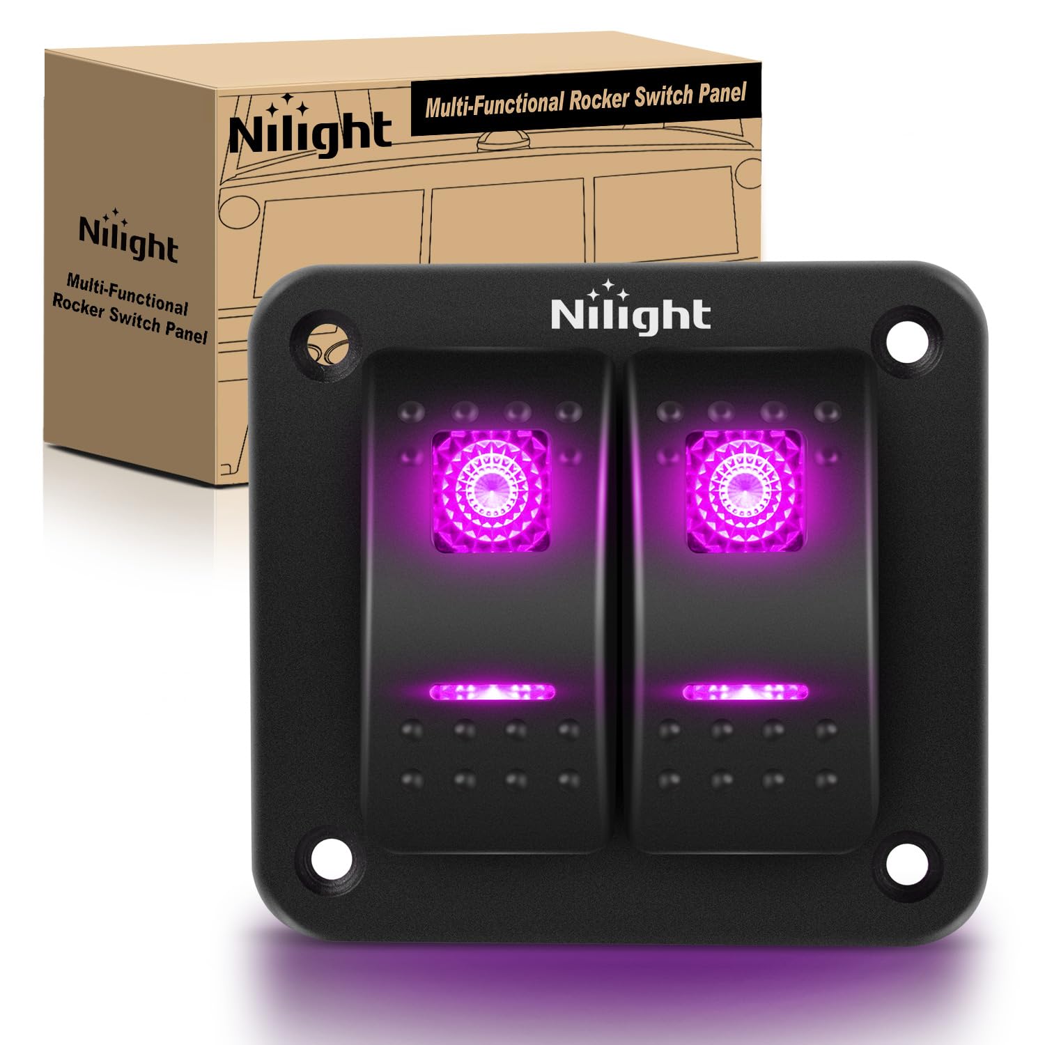 Nilight 2 Gang Rocker Switch Panel With Purple Led Light 5 Pin On Off Pre-Wired Rocker Switch Aluminum Panel Toggle Switch Panel