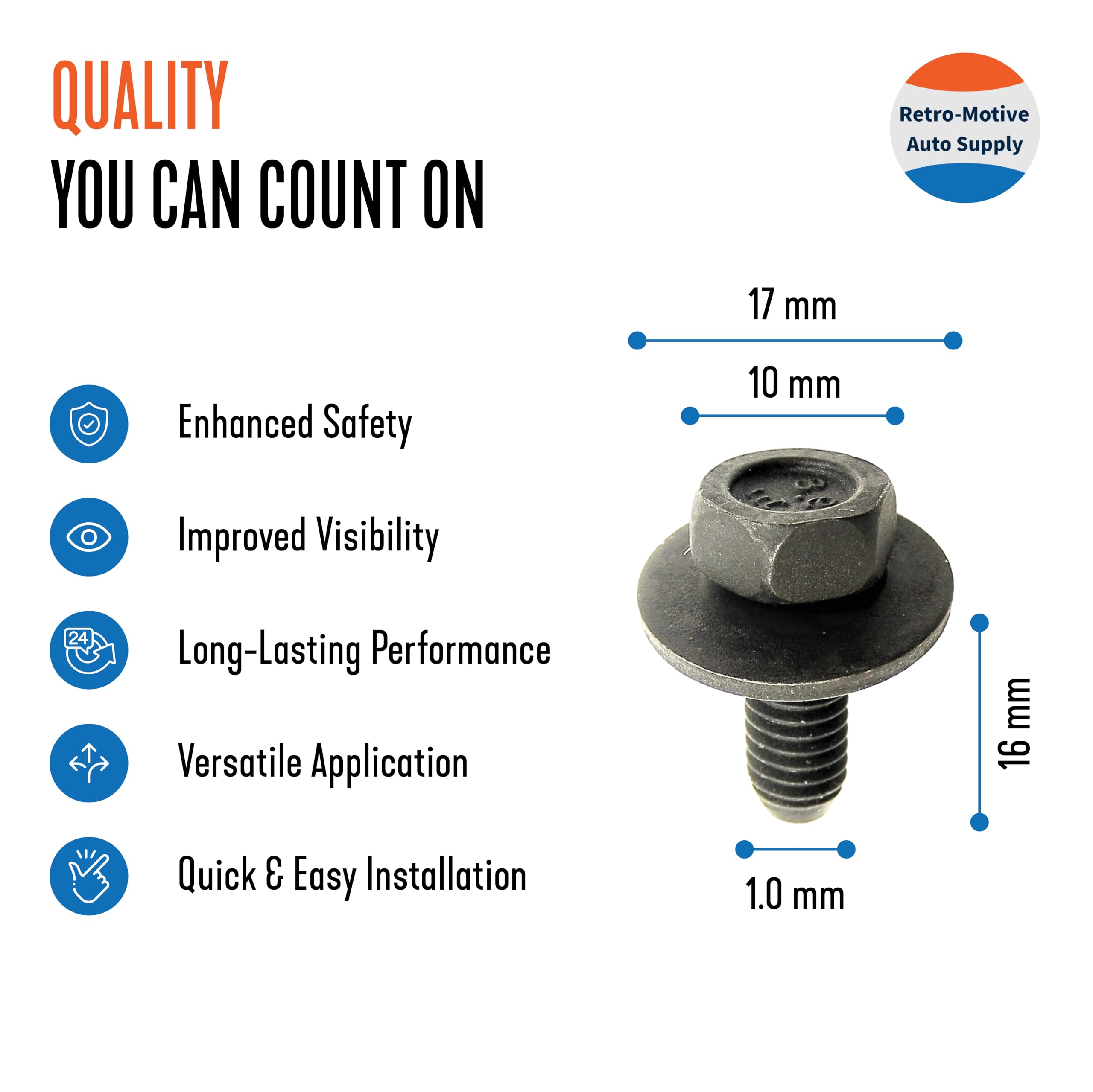 Retro-Motive M6 Body Bolts Black Hexagon Style - Premium Bolts For Fastening - Versatile M6-1.0 X 16Mm Black Body Bolts With 10M