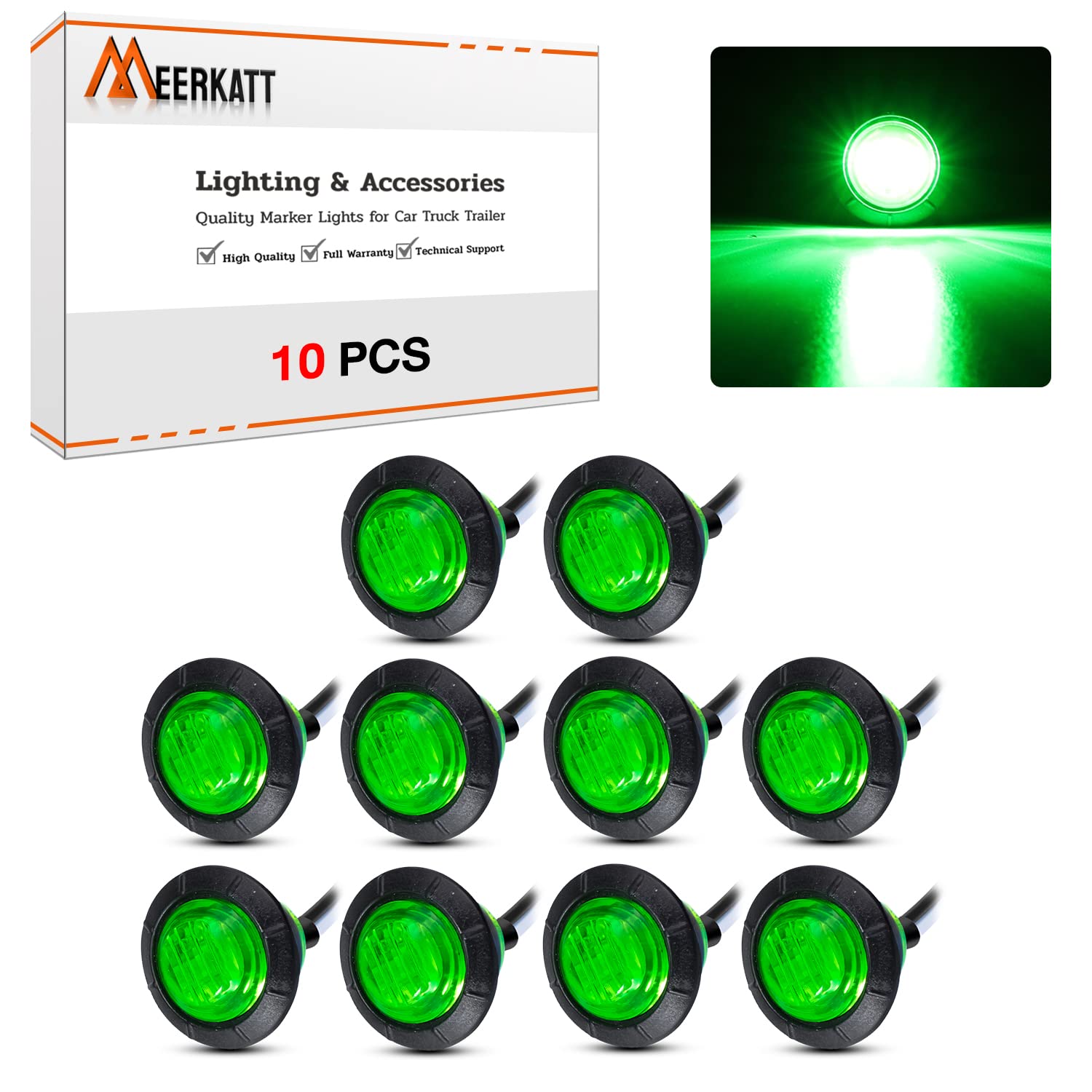 Meerkatt (Pack Of 10 3/4 Inch Mini Round Green Led Flush Mount Indicator Light Side Marker Clearance Lamp W/Grommets Universal F