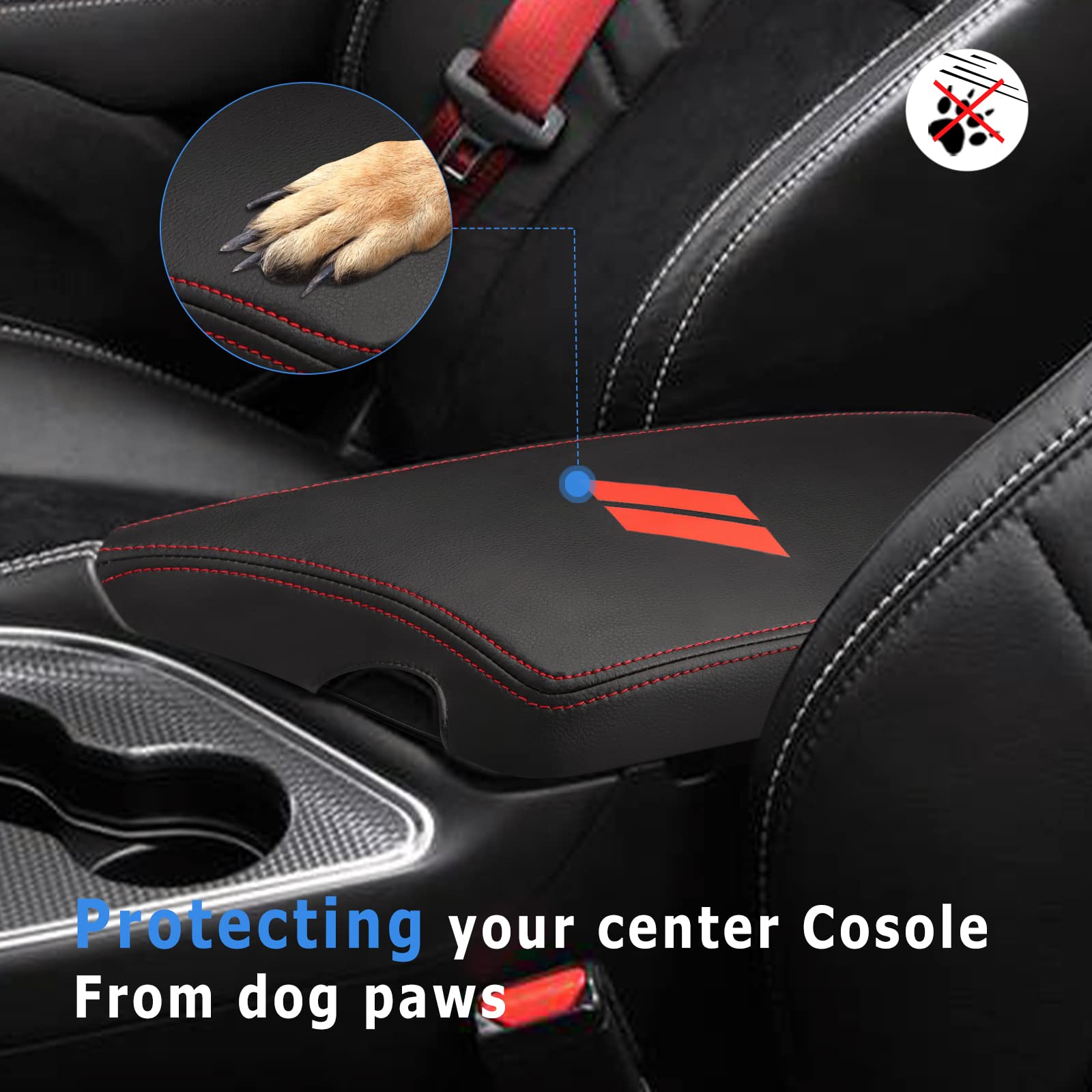 INTGET Car Center Console Armrest Cover for Dodge Challenger 2015-2023, PU Leather, Red Stitches, Interior Lid Protector Pad