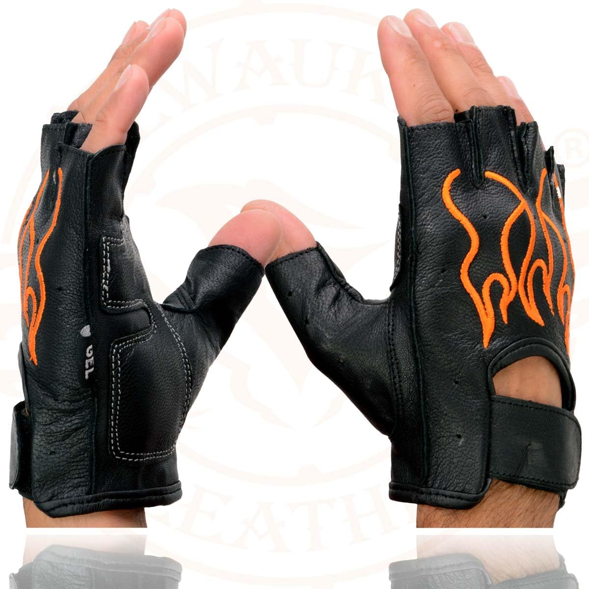 Milwaukee Leather SH198 Men's Black Leather Gel Padded Palm Fingerless Motorcycle Gloves w/Orange Flame Embroidery - Large