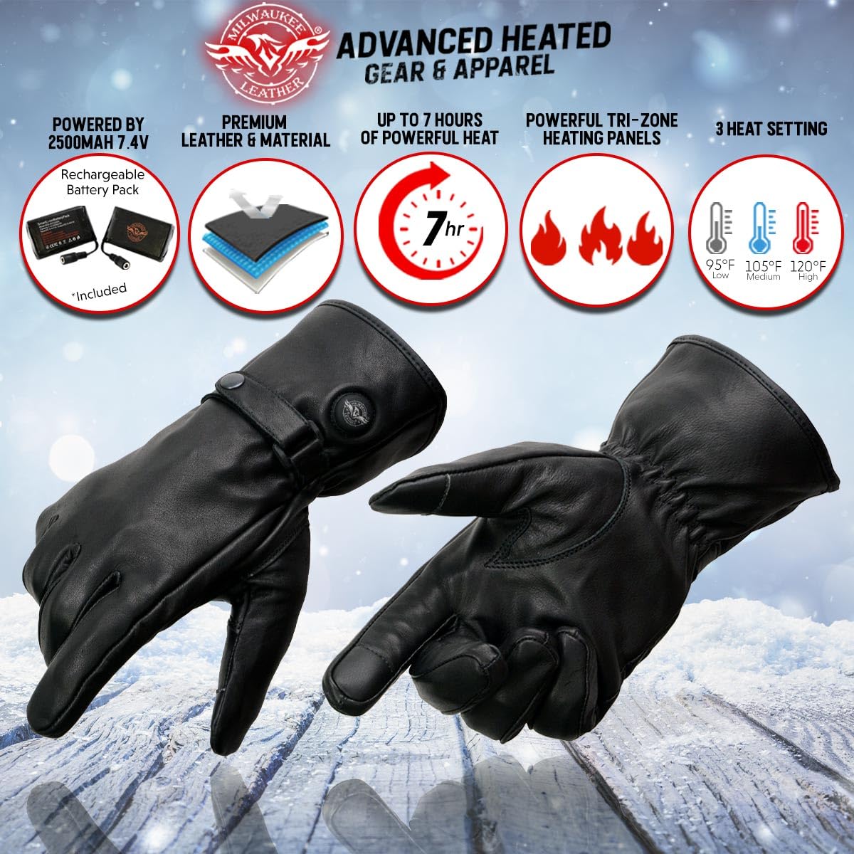 Milwaukee Leather MG7519SET Mens Black Leather Heated Winter Gloves for Motorcycle Ski Hiking w/Battery & i-Touch - XX-Large