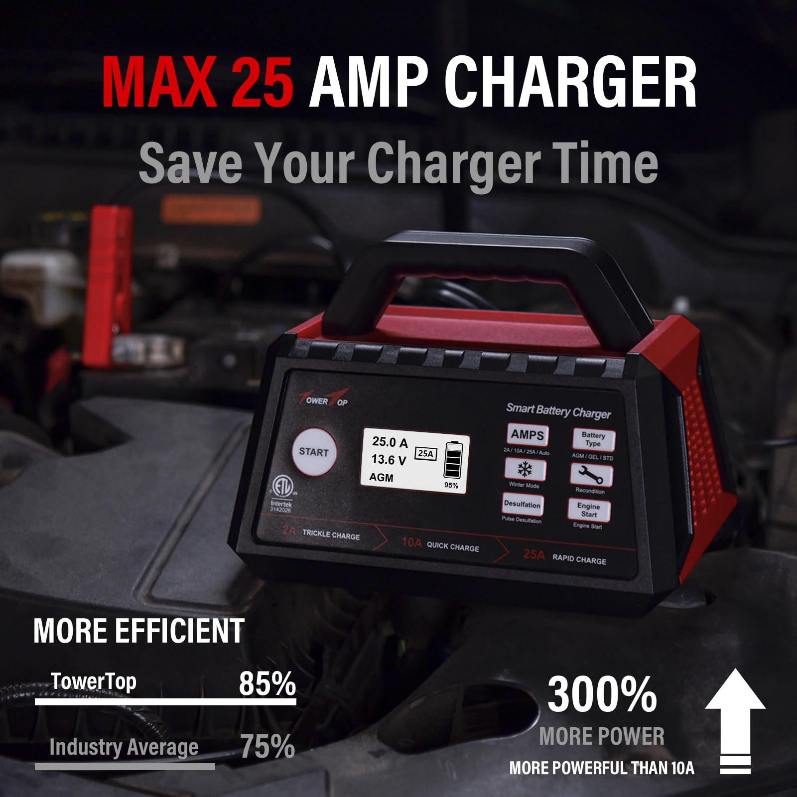 TowerTop 12V Smart Car Battery Charger, 25A Fully Automatic Maintainer with Engine Start & Auto Desulfator for AGM, STD, Gel, Deep Cycle Batteries