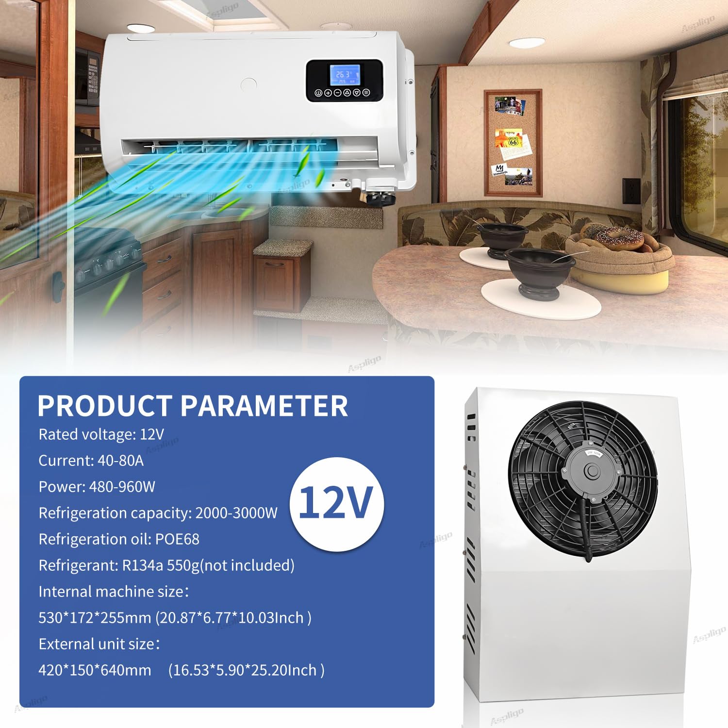 Aspligo 12V Dc Air Conditioner Electric Split Parking Truck Air Conditioning Ac Unit For Tractor Bus Boat Camper Van Motorhome Rv Trailer Excavator Crane 6800-10500Btu Fast Cooling Low Noise