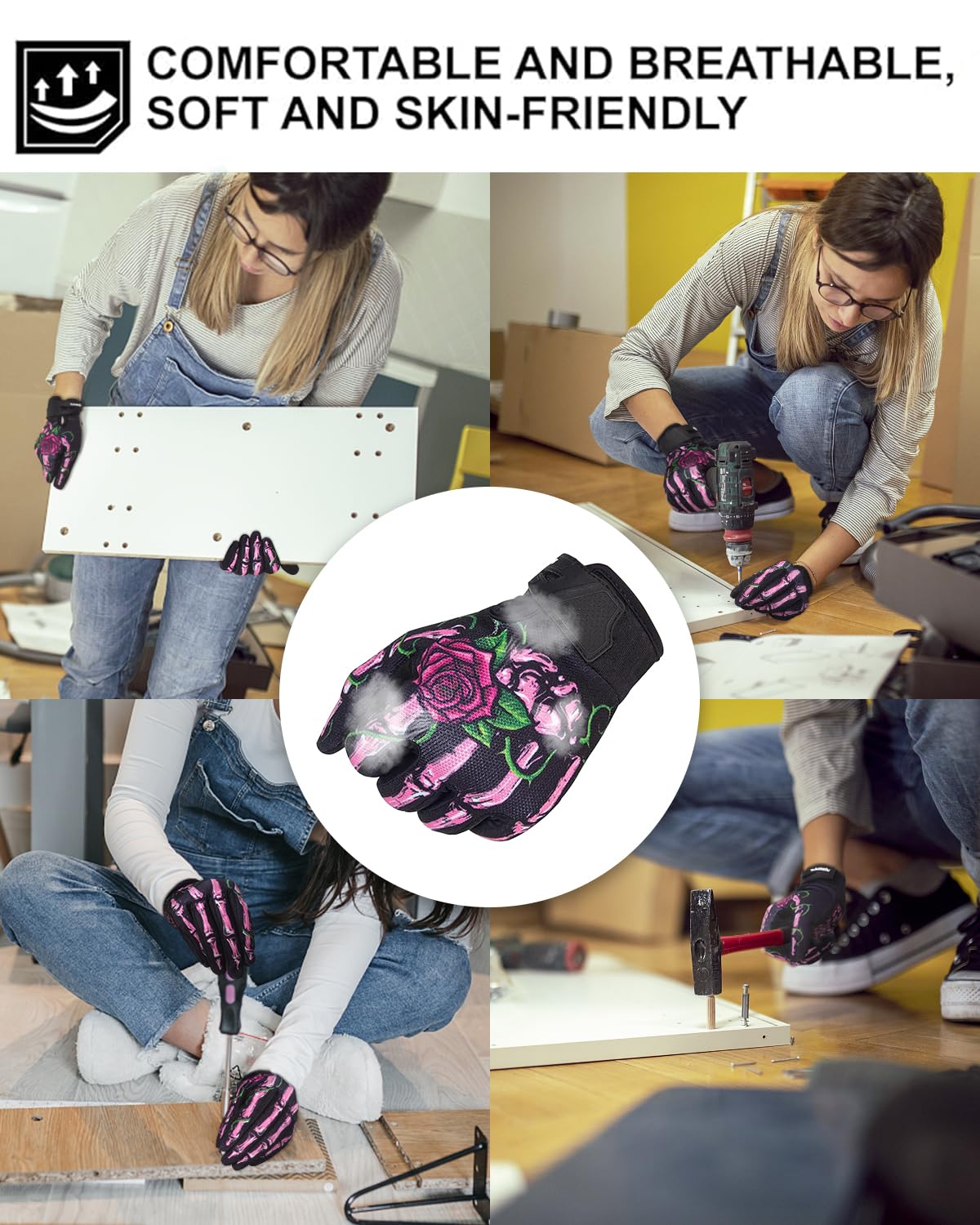 Rigwarl Women 'S Touchscreen Motorcycle Gloves - Pink Skeleton, Breathable, Non-Slip, Full Finger For Mountain Bike, Cycling, Hi