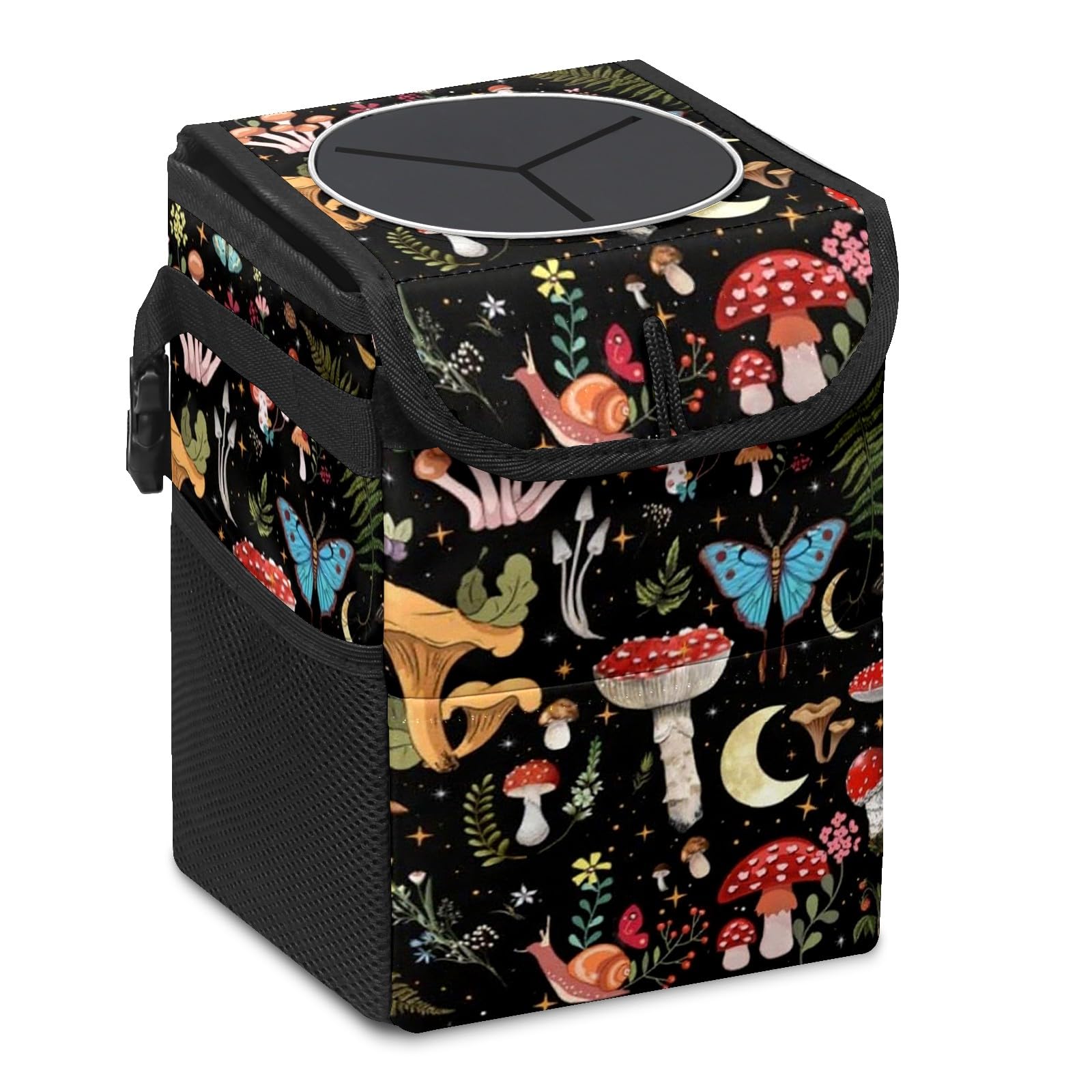 longlugoo Car Trash Can with Lid Vintage Mushroom Ferns Floral Collapsible Reusable LeakProof Auto Garage Bag,Hanging Vehicle C