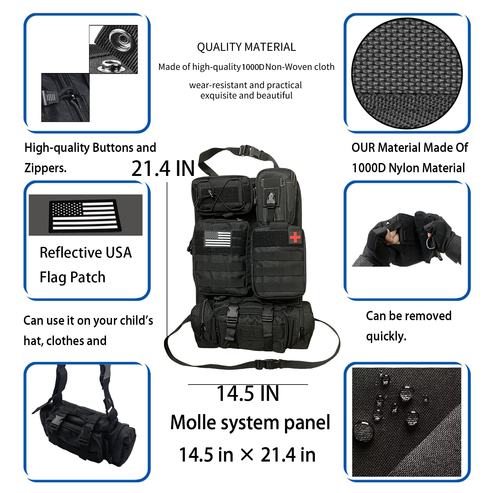 MEAUTELE Tactical Molle Car Seat Back Organizer - 6 Pack with 5 Detachable Pouches, 1000D Nylon, Black for Trucks & SUVs