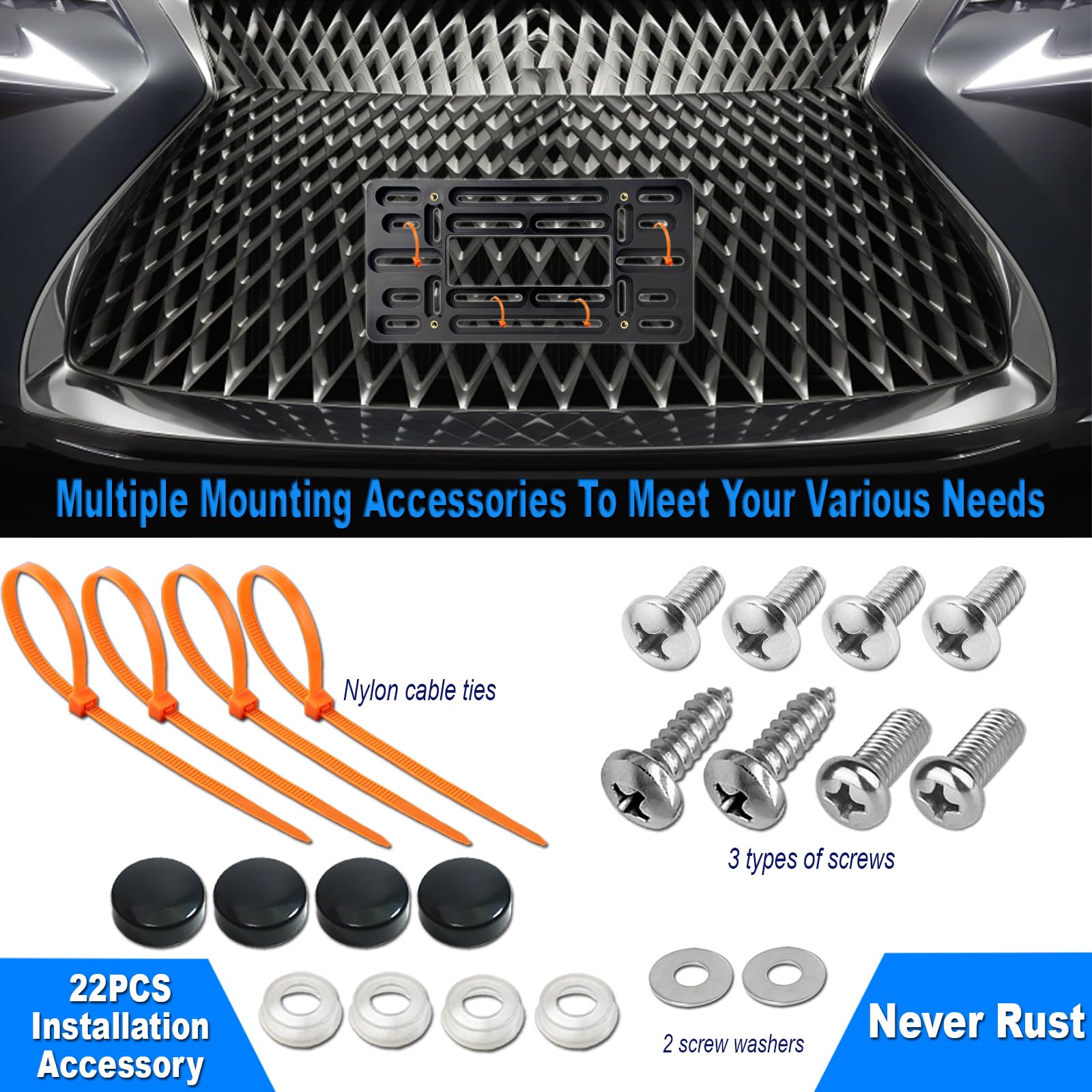 Zxfoog Front License Plate Mounting Kit- Bumper License Plate Bracket Holder & Matte Black Aluminum Tag Frame Cover, Universal 2 Drill Hole Adapter For Car/Truck/Trailer