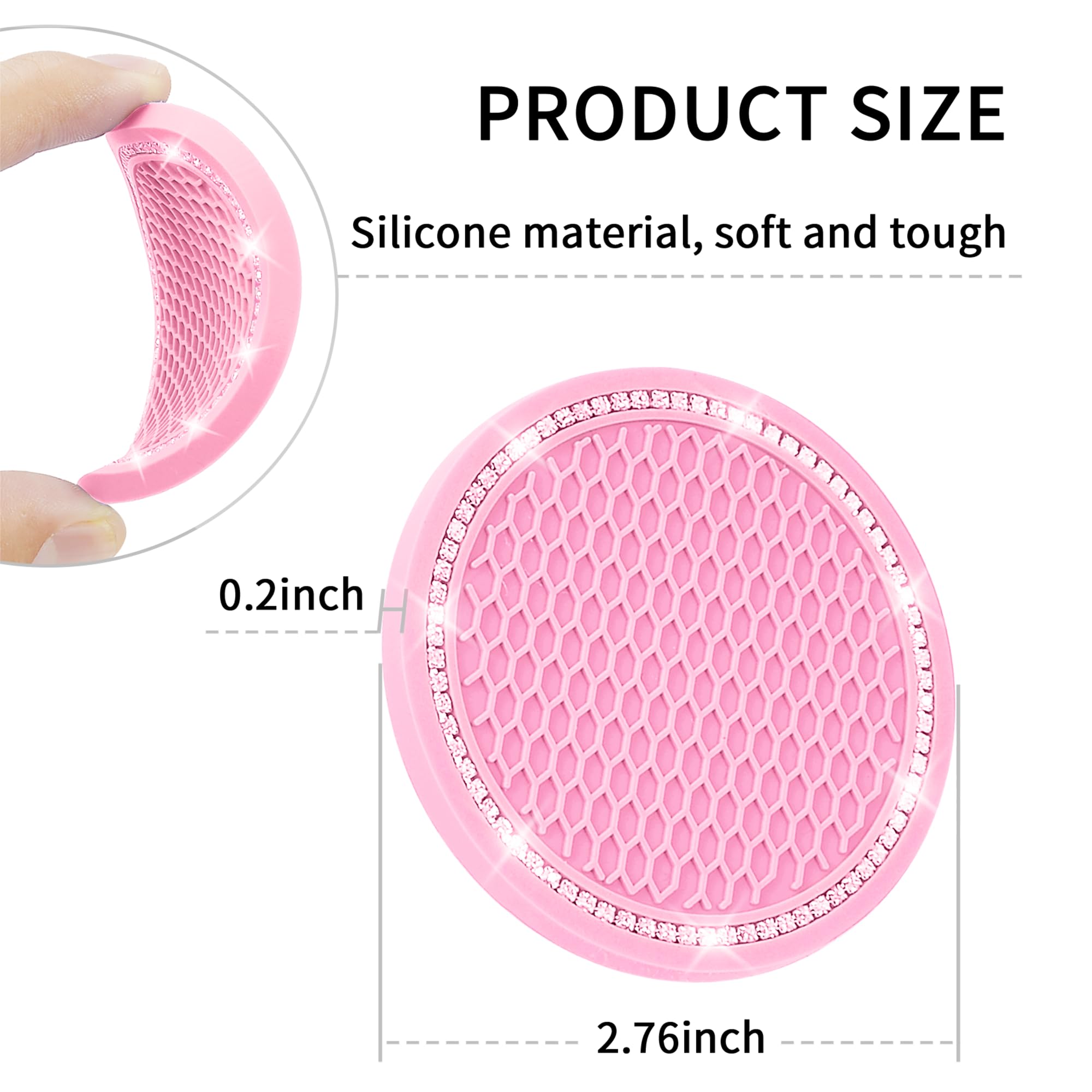 Car Coasters, 4 Pack Car Cup Holder Coaster, COCASES Crystal Rhinestone Pink Car Interior Accessories, 2.75'' Silicone Bling Dec