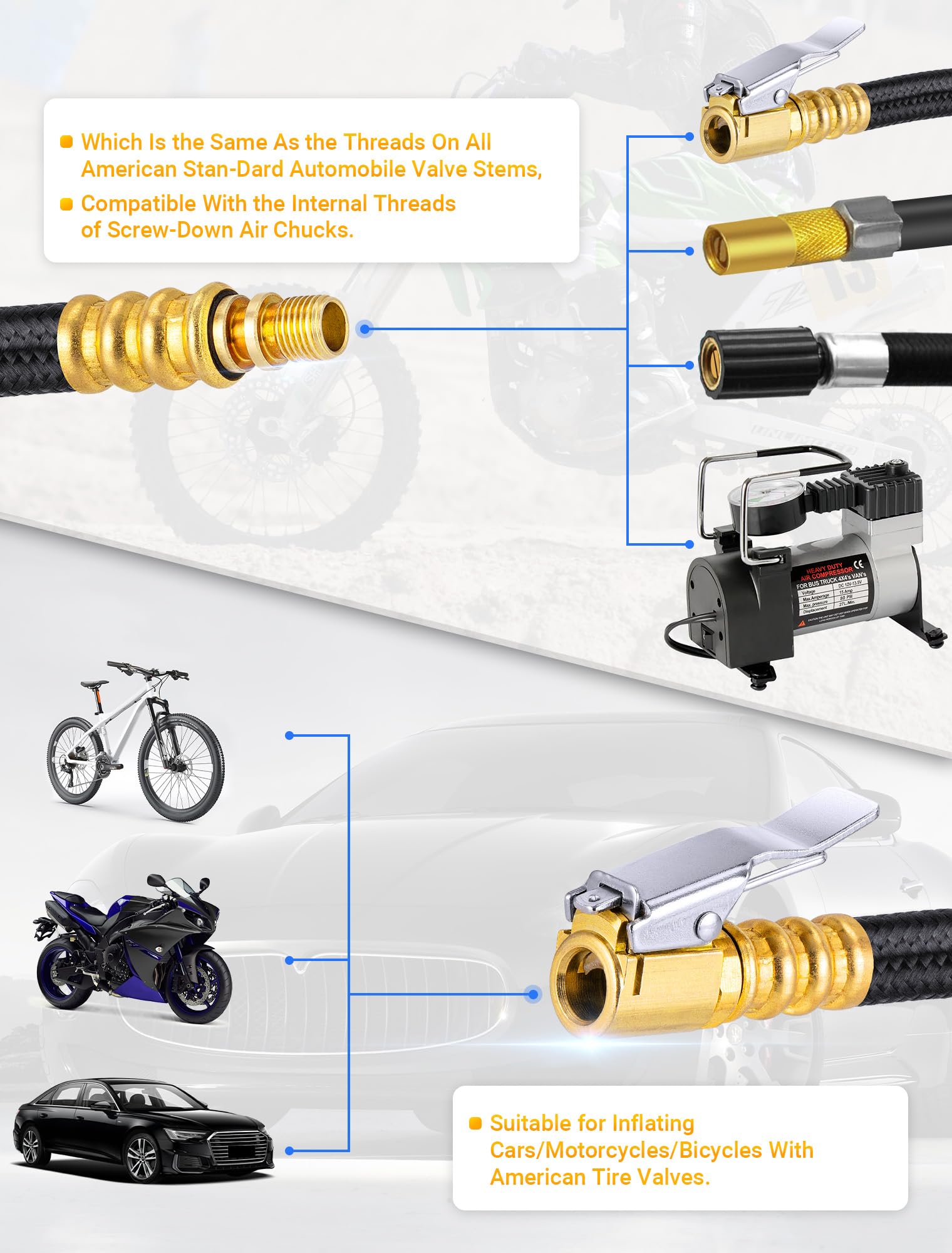 LUMITECO 12'' Tire Inflator Extension Tube - High-Pressure Air Chuck Hose Adapter with Presta Valve for Quick-Inflation