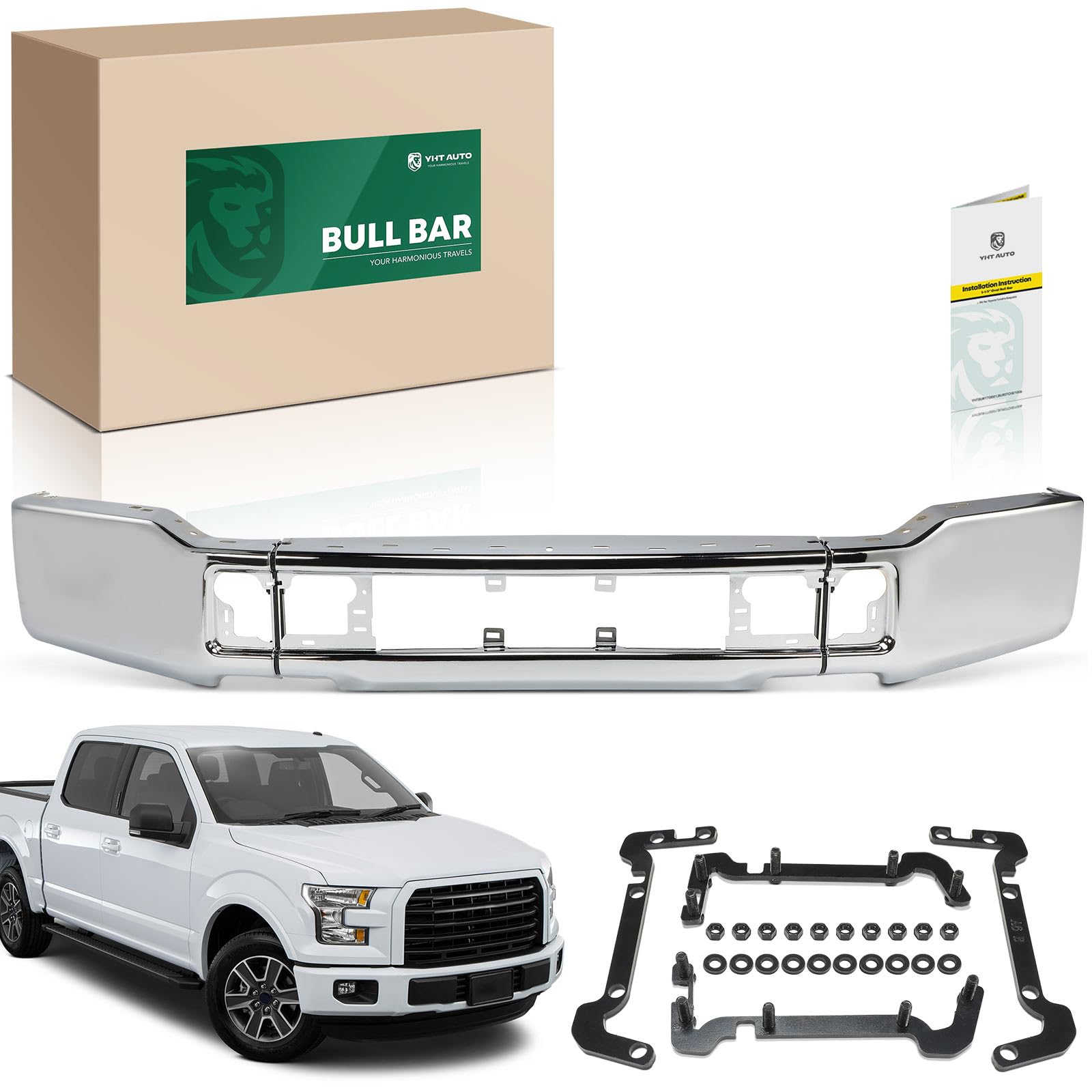 YHTAUTO Front Bumper Face Bar Compatible with Ford F-150 2018 2019 2020, without Fog Light Holes, Steel Chrome Bumper Replacemen