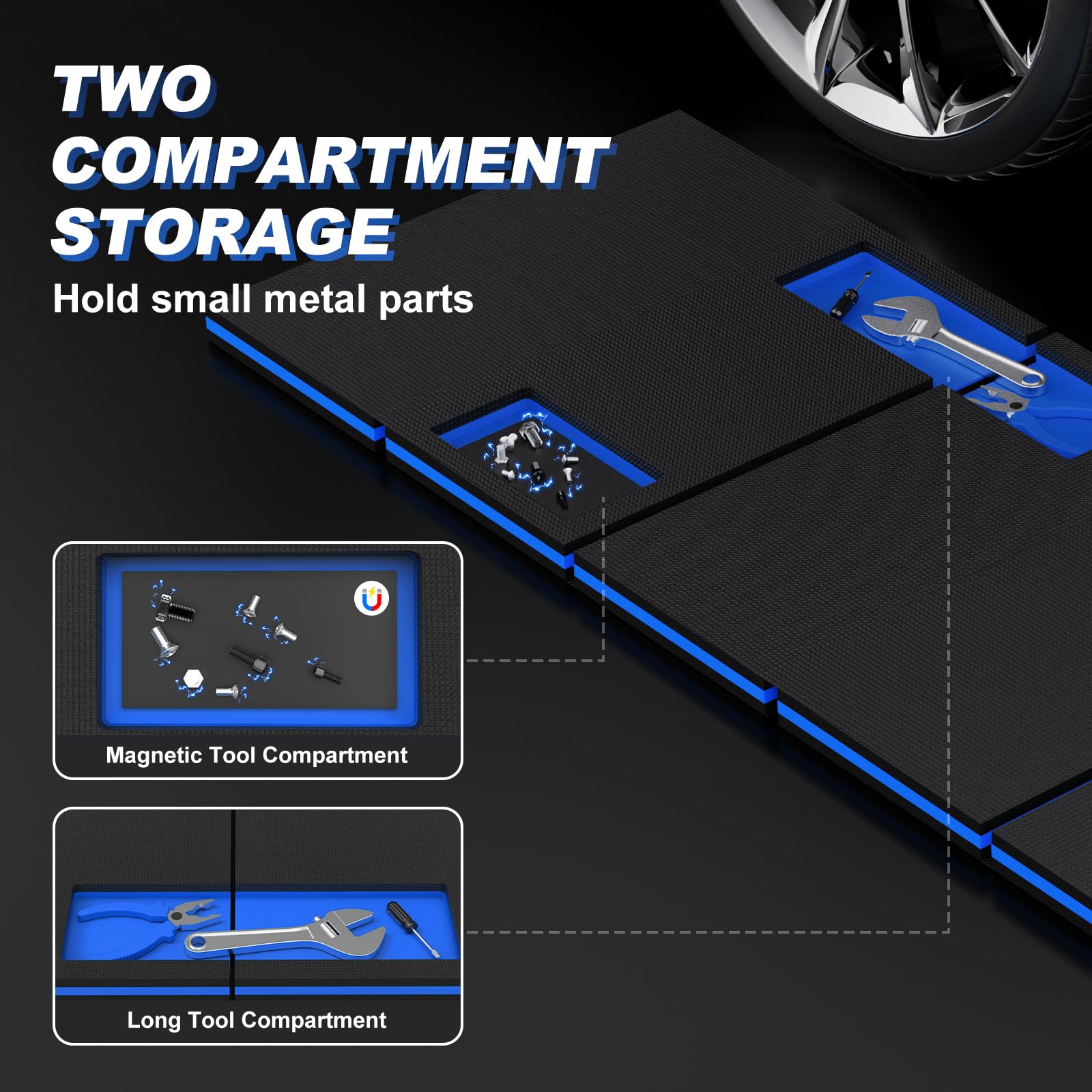 SKYJDM Thick Mechanic Mat, Foldable EVA Mat with Magnetic Tool Compartments, Waterproof Mechanic Kneeling Pad with Handle for Ga