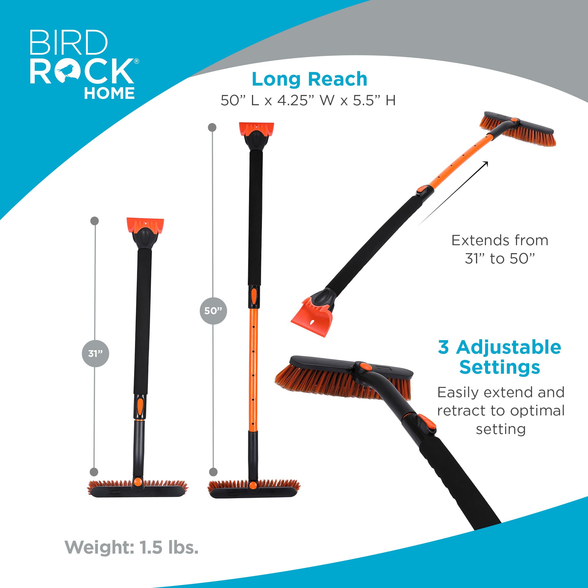 BIRDROCK HOME Extendable 50" Snow Moover Car Brush & Ice Scraper - Heavy Duty Orange for Trucks, SUVs, Windshields
