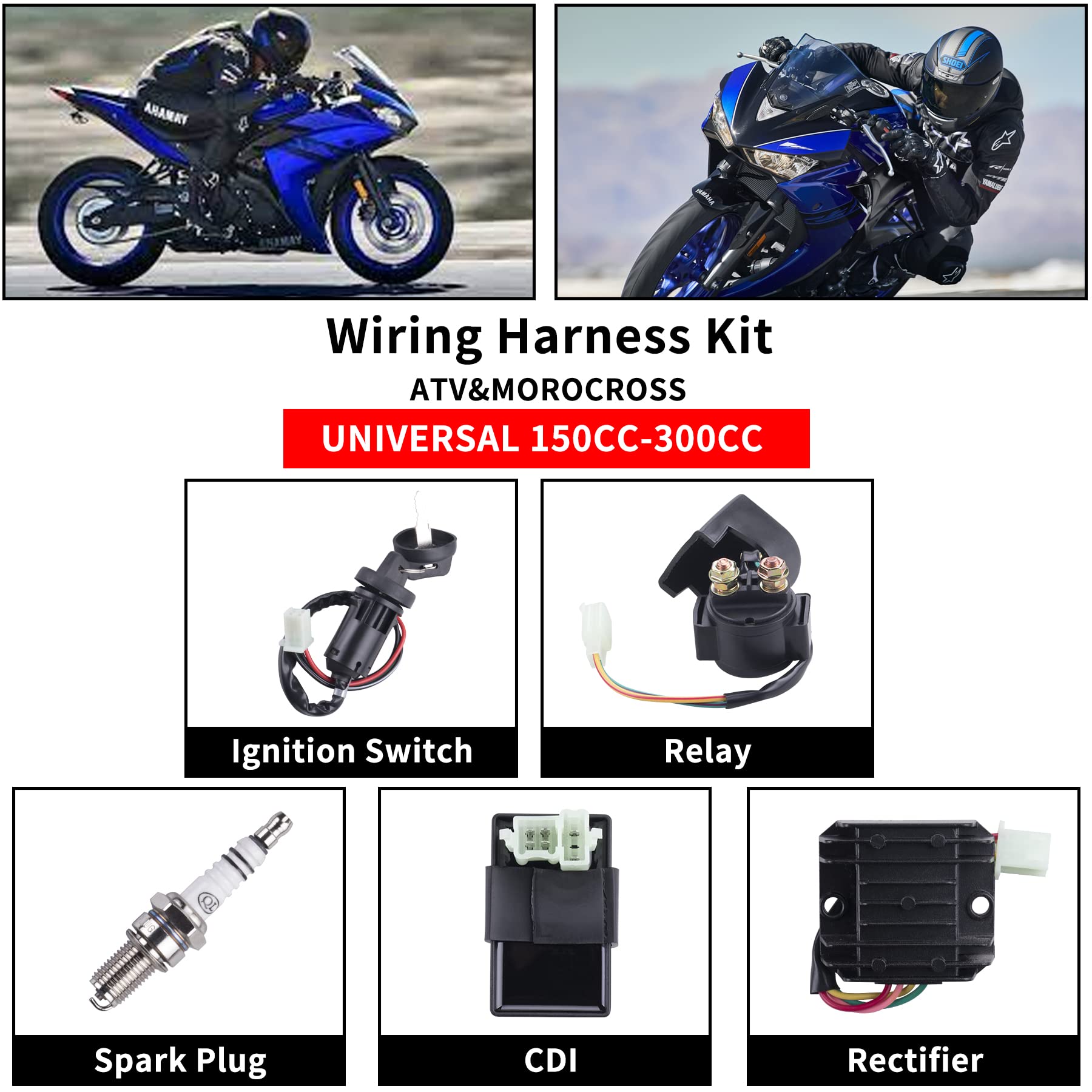 OTOHANS AUTOMOTIVE Complete Electrics Wiring Harness for 4 Wheelers, Copper Stator Coil CDI, Relay, Spark Plug, Black, Fits 150cc-300cc