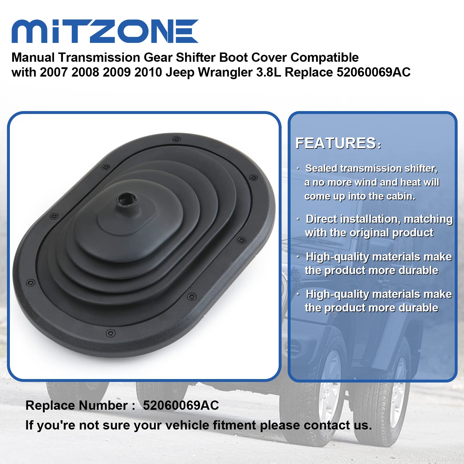 MITZONE Manual Transmission Gear Shifter Boot Cover for Jeep Wrangler JK 2007-2010, Black, Model 080-001, Replace 52060069AC