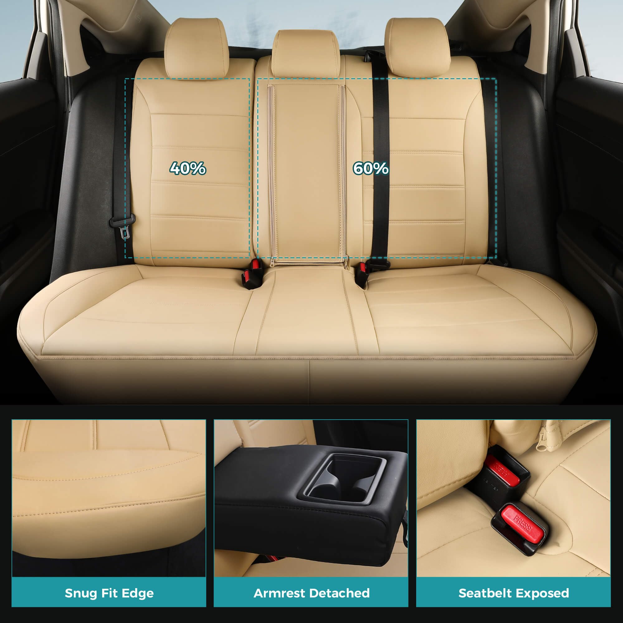 FEINEPRO Seat Covers for Honda Civic Sedan 4DR Sedan EX 2022 2023 2024, Beige Leather Car Seats Cover Full Set for car
